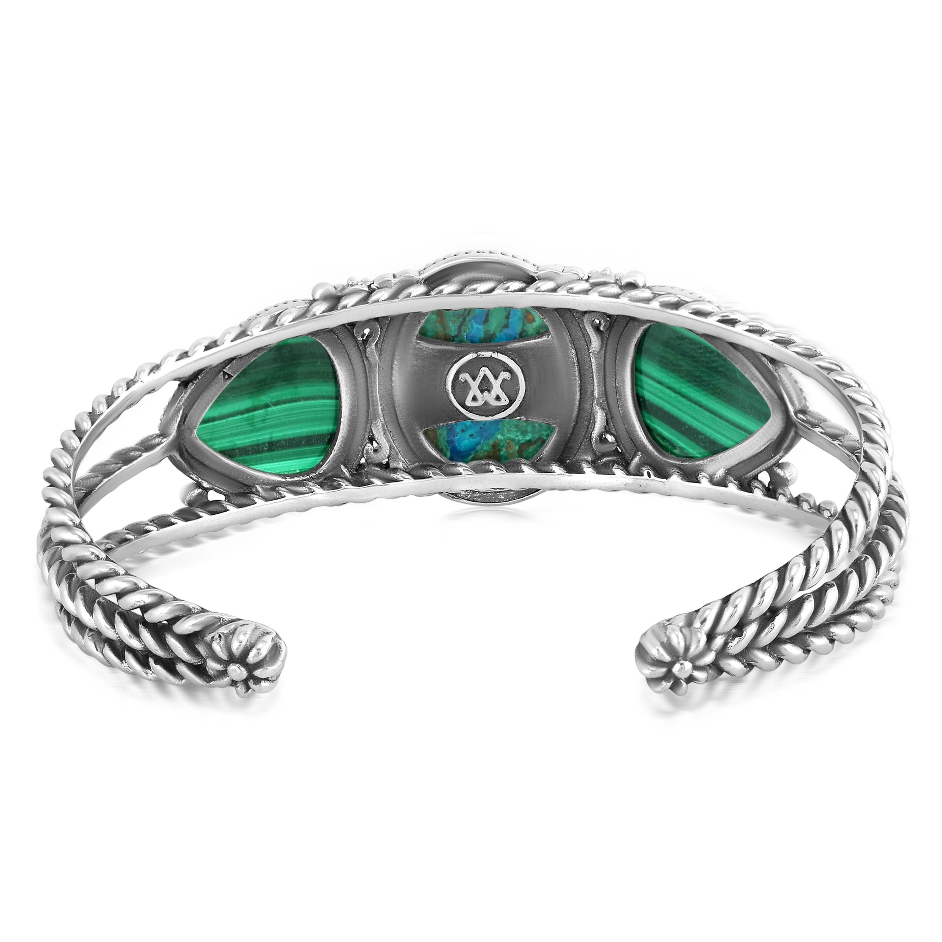 Brazalete de plata de ley del Oeste Americano con trillón de azurita y malaquita Corte trillion en venta