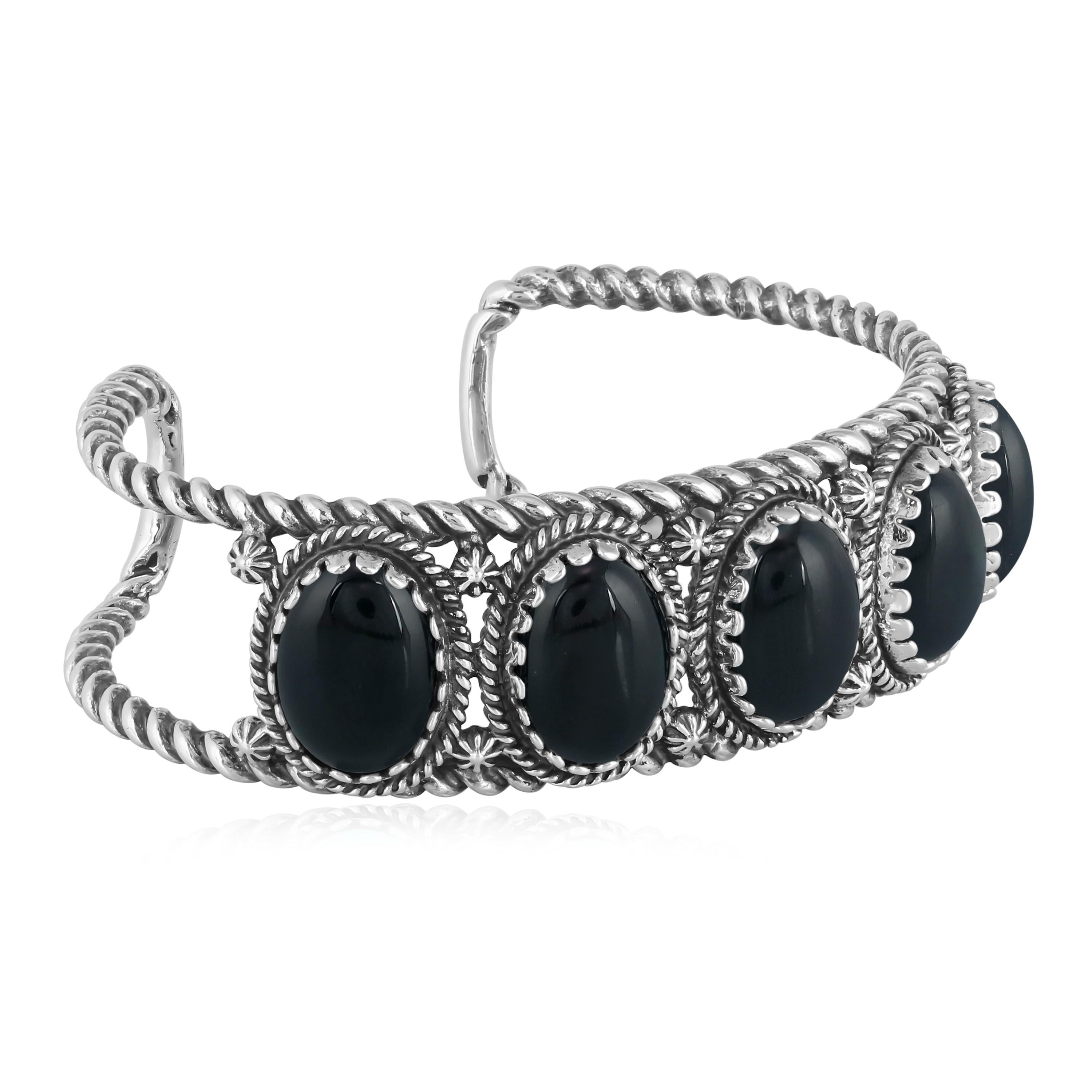 Amérindien American West Sterling Silver 5-Stone Rope Design Agate Black Agate Cuff Bracelet en vente