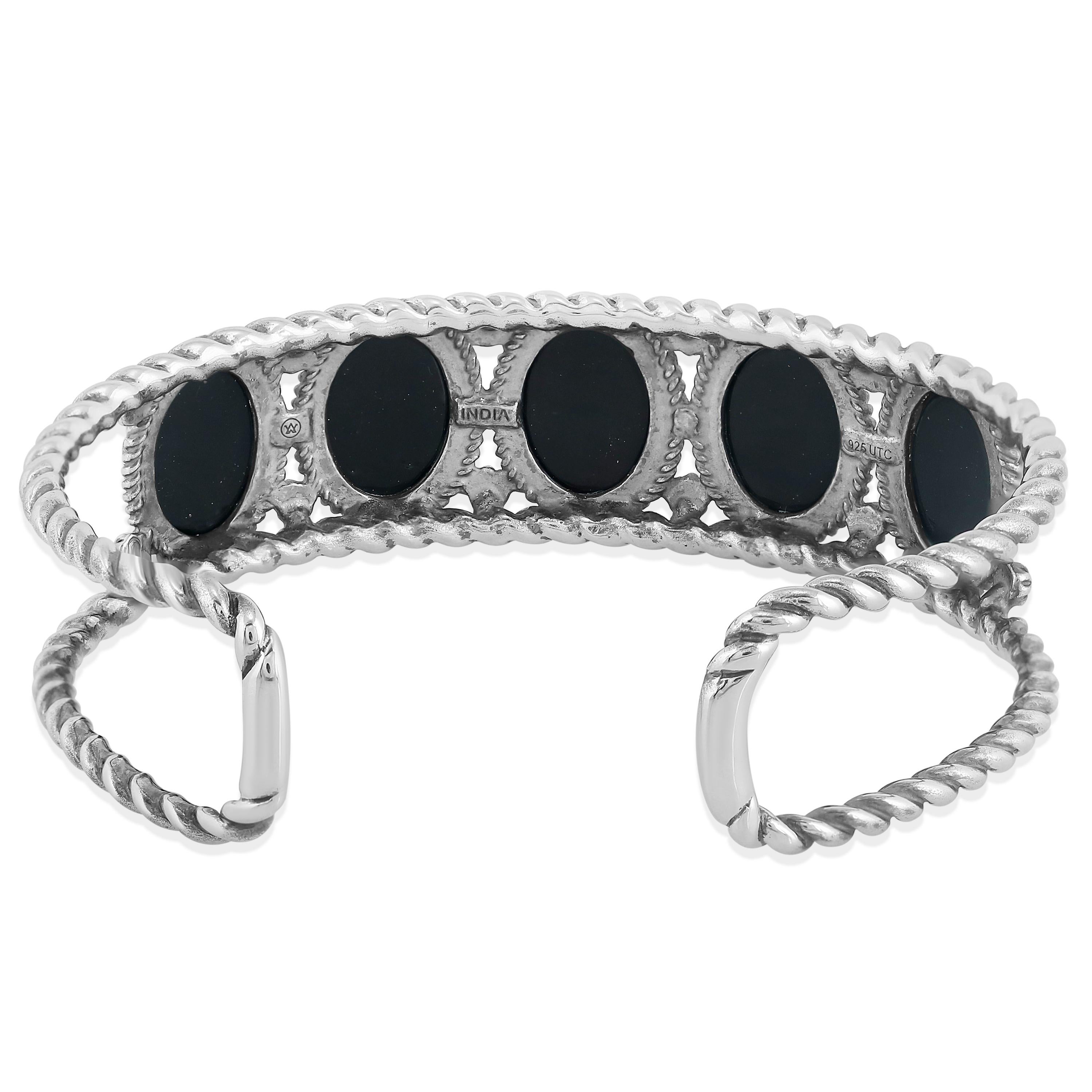 Taille ovale American West Sterling Silver 5-Stone Rope Design Agate Black Agate Cuff Bracelet en vente