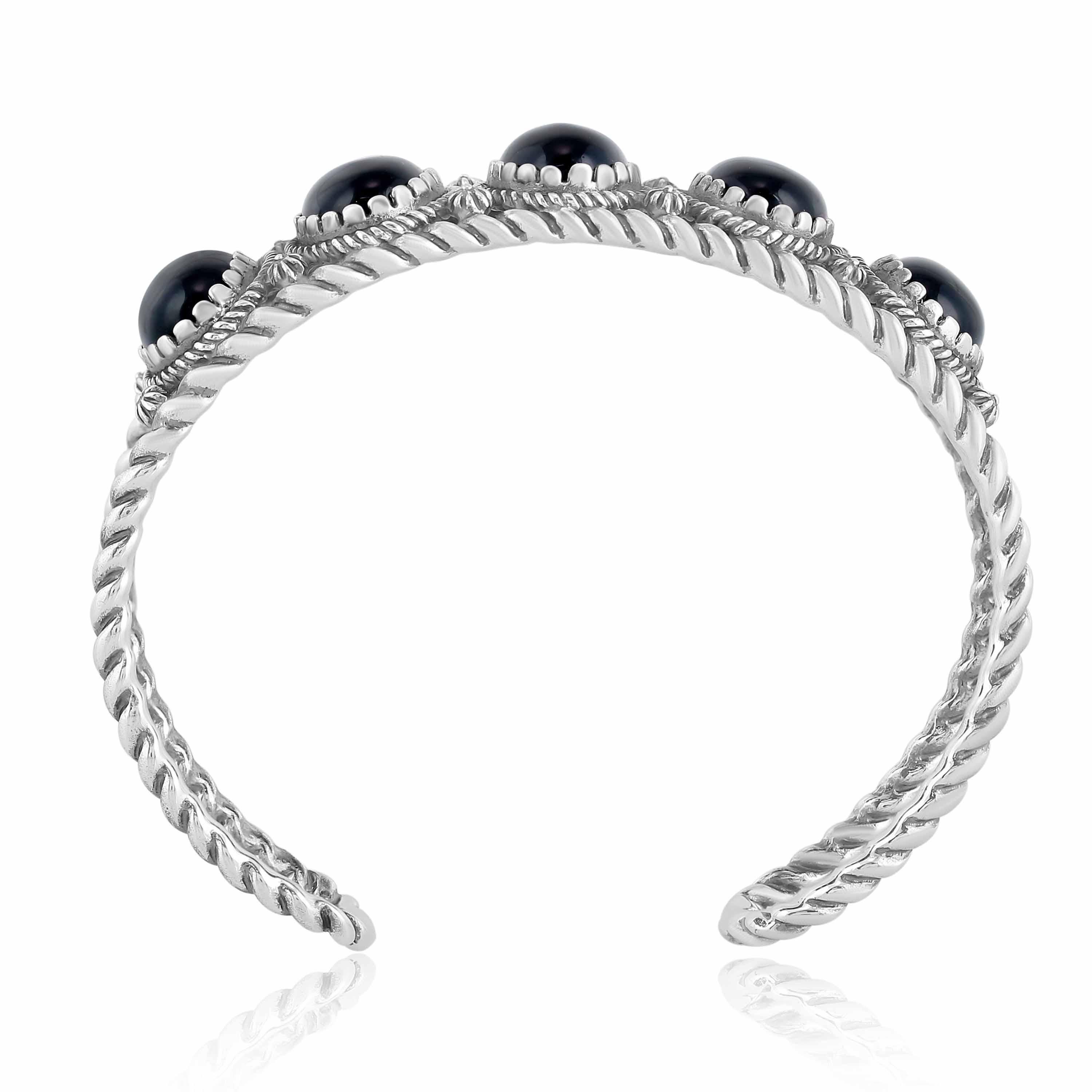 American West Sterling Silver 5-Stone Rope Design Agate Black Agate Cuff Bracelet Neuf - En vente à New York, NY