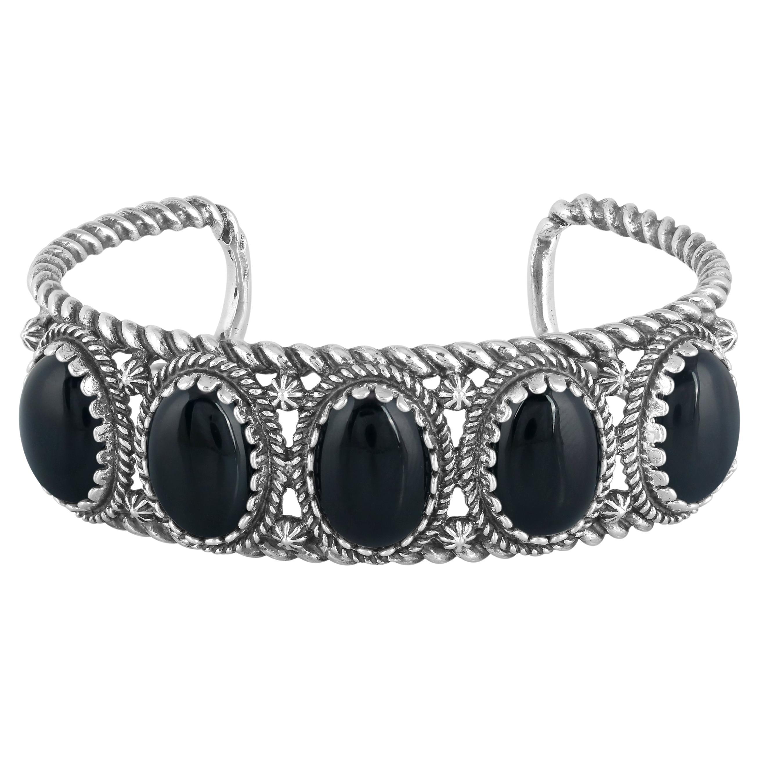 Bracciale American West in argento sterling con agata nera a 5 pietre e design a corda