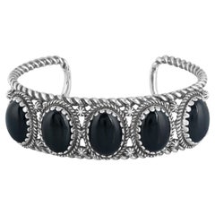 American West Sterling Silver Black Agate 5-Stone Rope Design Cuff Bracelet