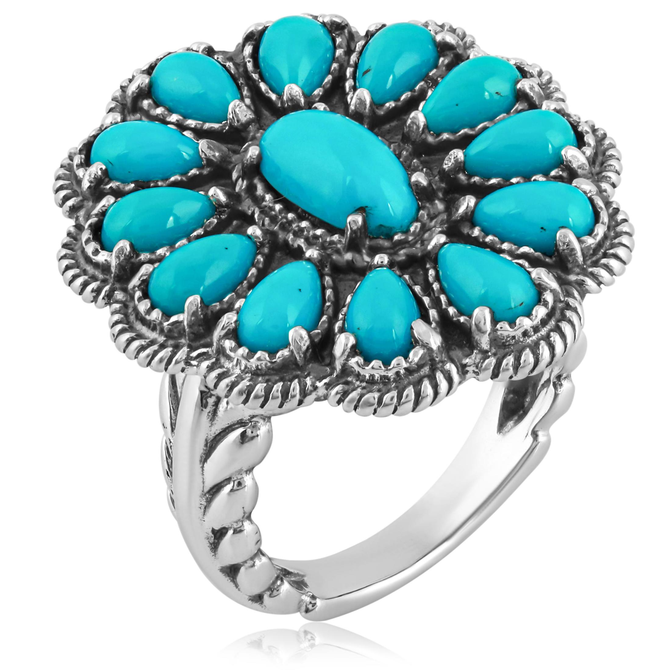 Amérindien Bague American West en argent sterling avec fleur en turquoise bleue Tailles 5-10 en vente