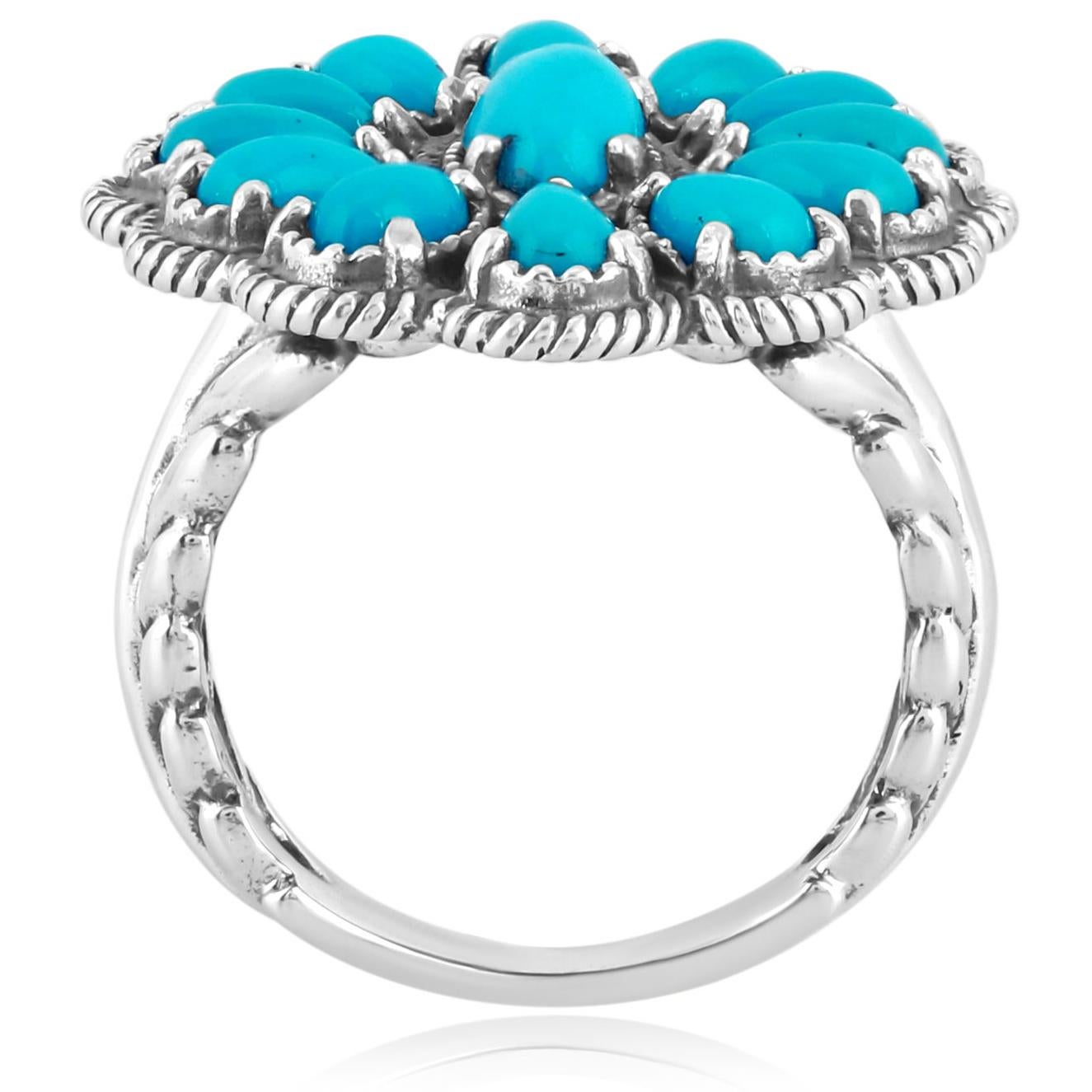 Bague American West en argent sterling avec fleur en turquoise bleue Tailles 5-10 Neuf - En vente à New York, NY