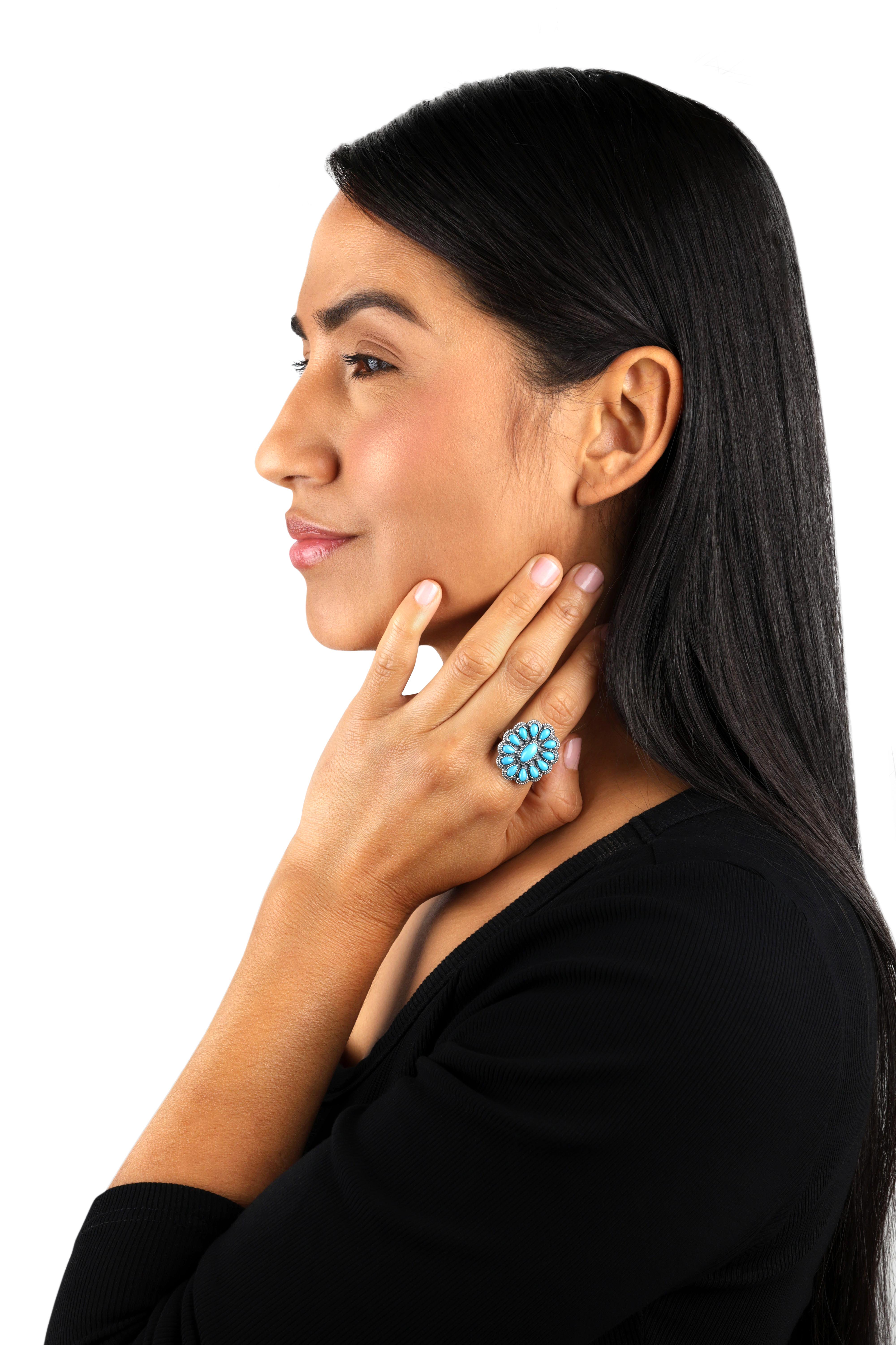Bague American West en argent sterling avec fleur en turquoise bleue Tailles 5-10 en vente 1
