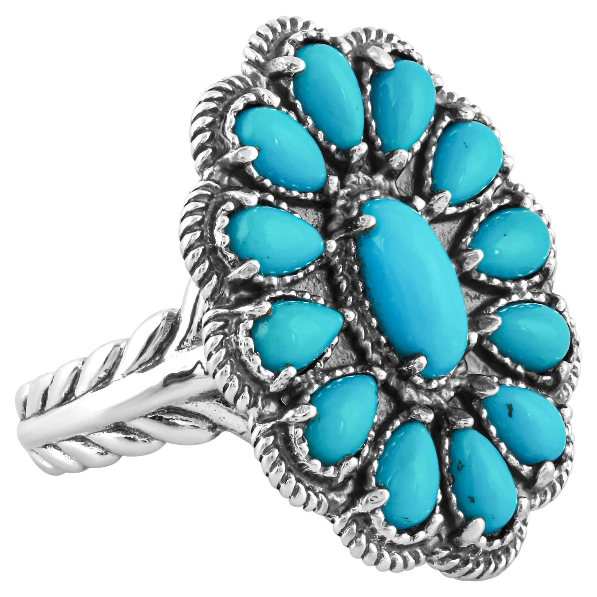 Bague American West en argent sterling avec fleur en turquoise bleue Tailles 5-10 en vente