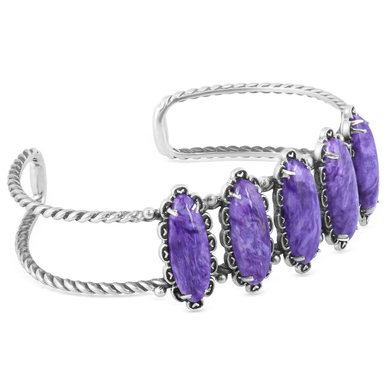 Amérindien Bracelet manchette ovale en argent sterling avec 5 pierres en charoite en vente