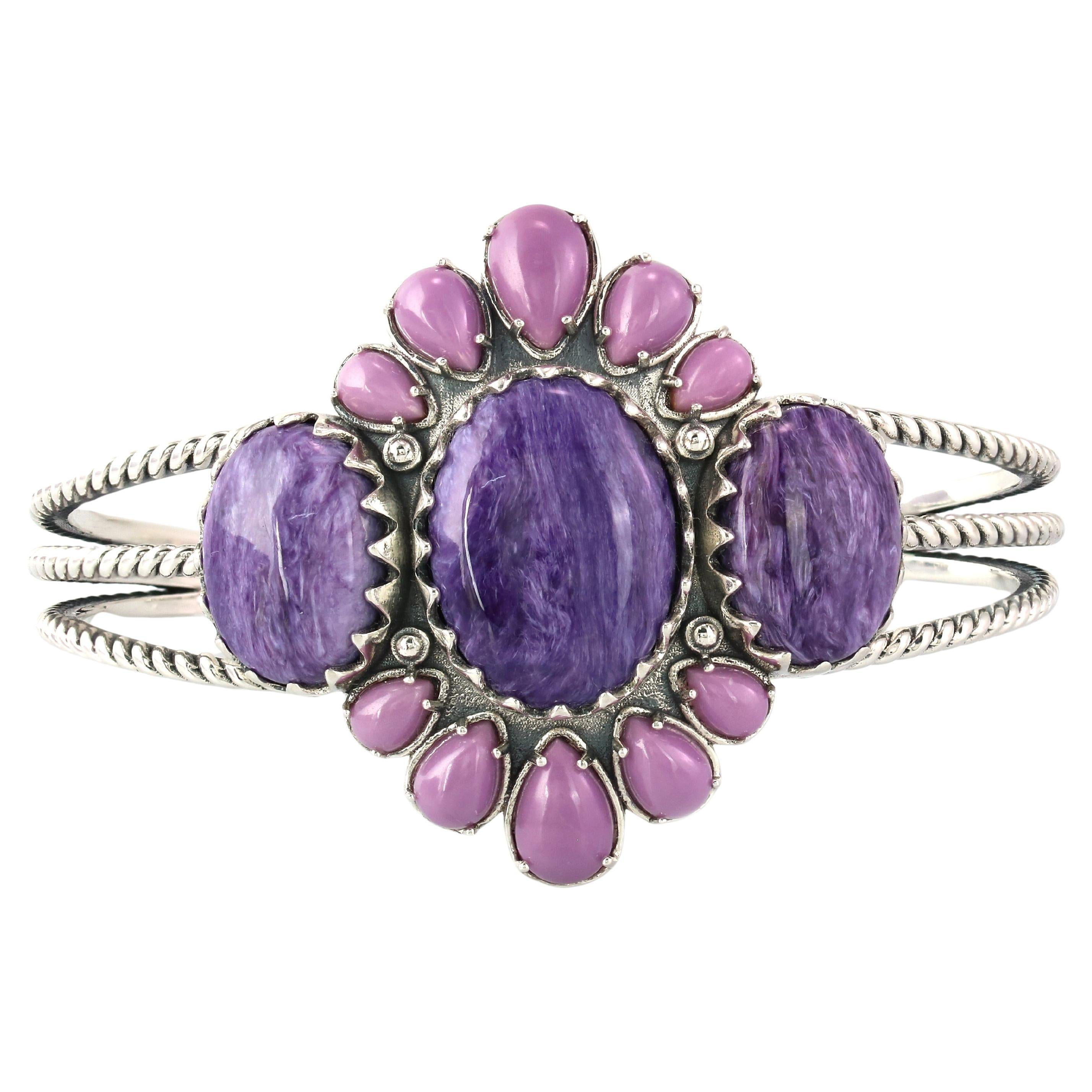 American West Sterling Silver Charoite and Phosphosiderite Cuff Bracelet, Small