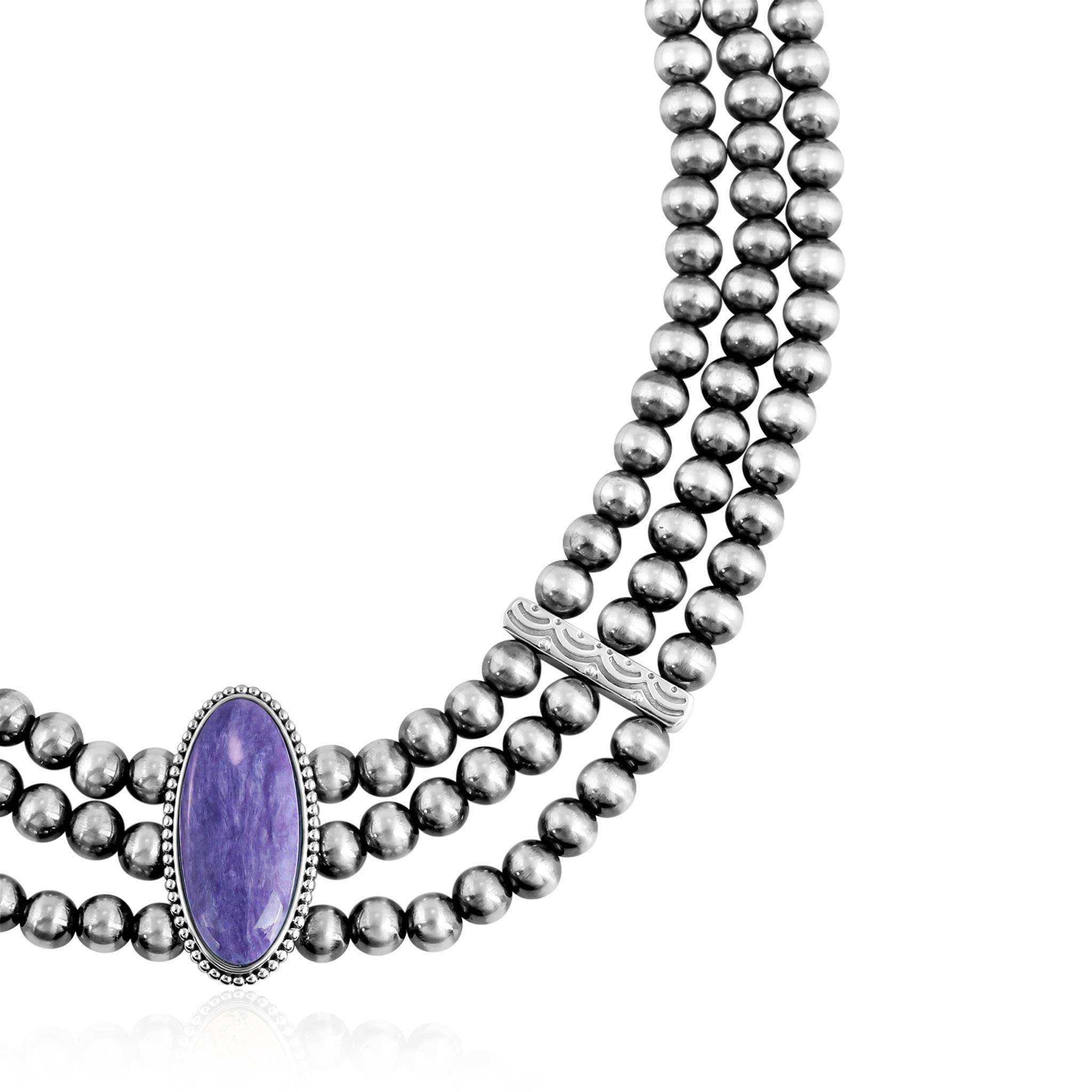 American West Sterling Silber Charoite Ovalschliff Dreireihige Perlenkette im Zustand „Neu“ im Angebot in New York, NY