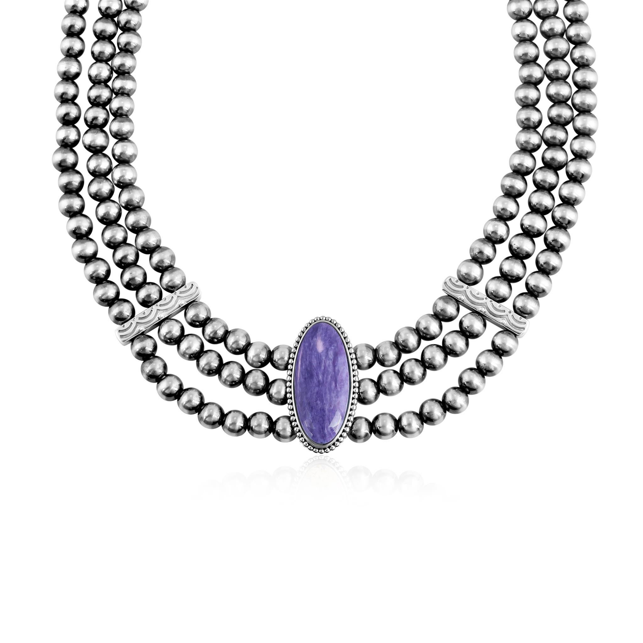 American West Sterling Silber Charoite Ovalschliff Dreireihige Perlenkette Damen im Angebot