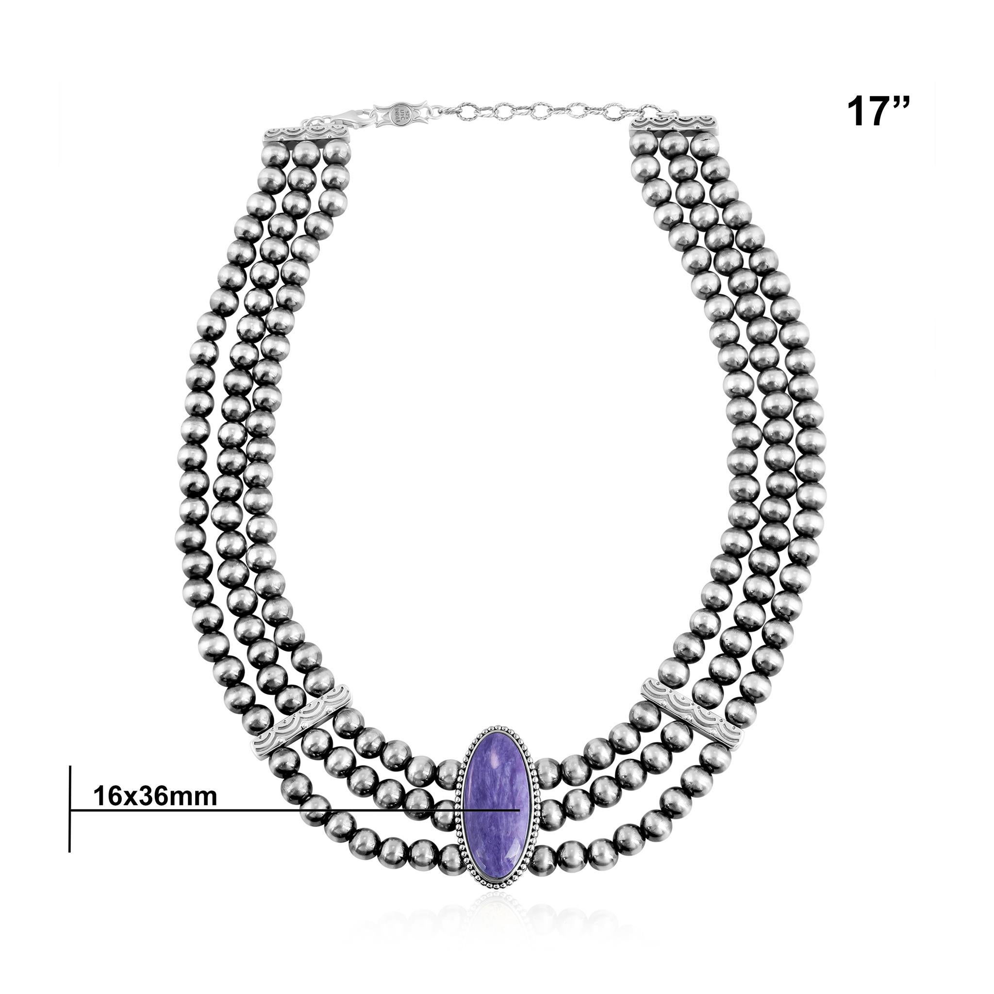 American West Sterling Silber Charoite Ovalschliff Dreireihige Perlenkette im Angebot 1