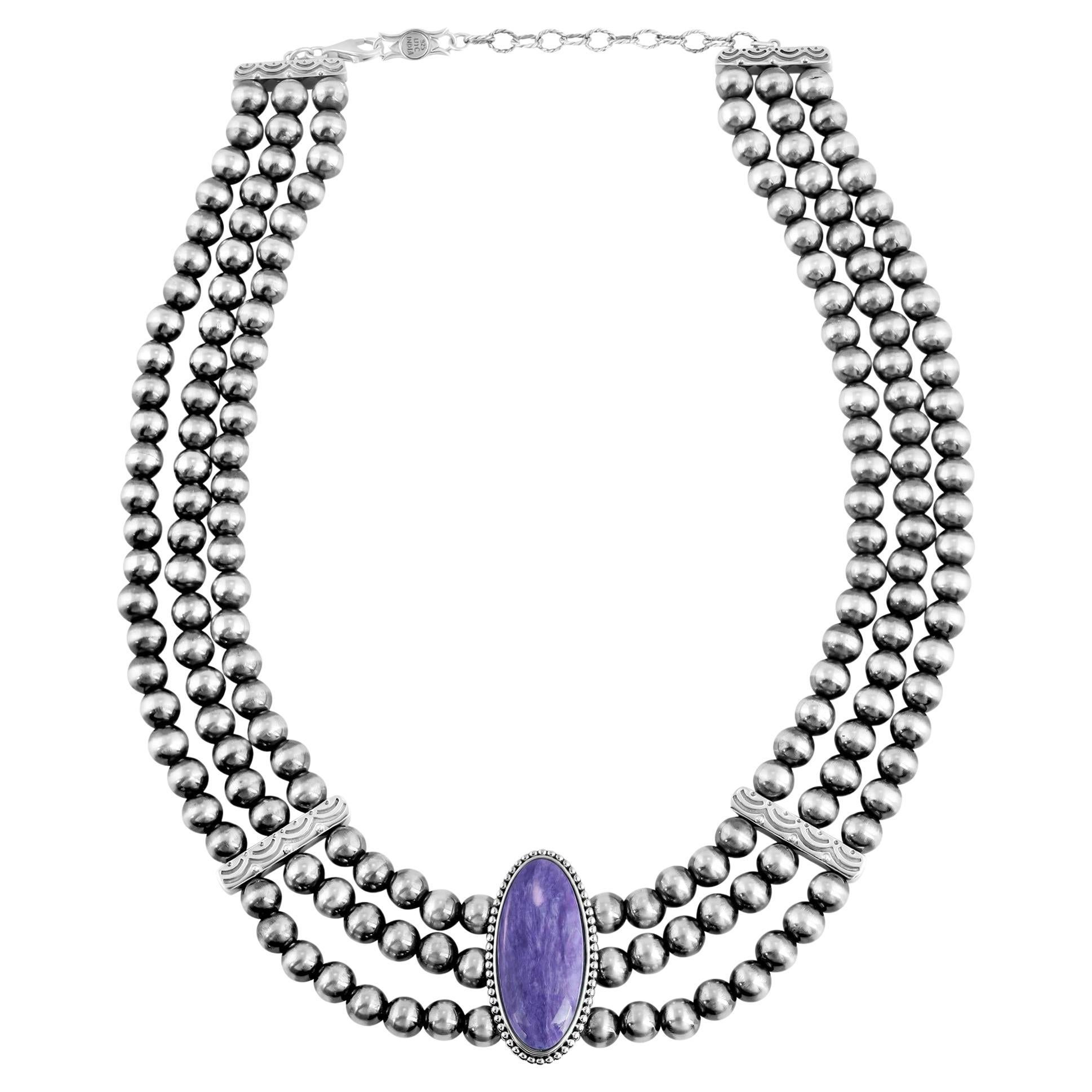 American West Sterling Silver Charoite Oval Cut Triple-Row Beaded Necklace