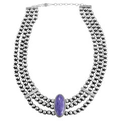American West Sterling Silver Charoite Oval Cut Triple-Row Beaded Necklace