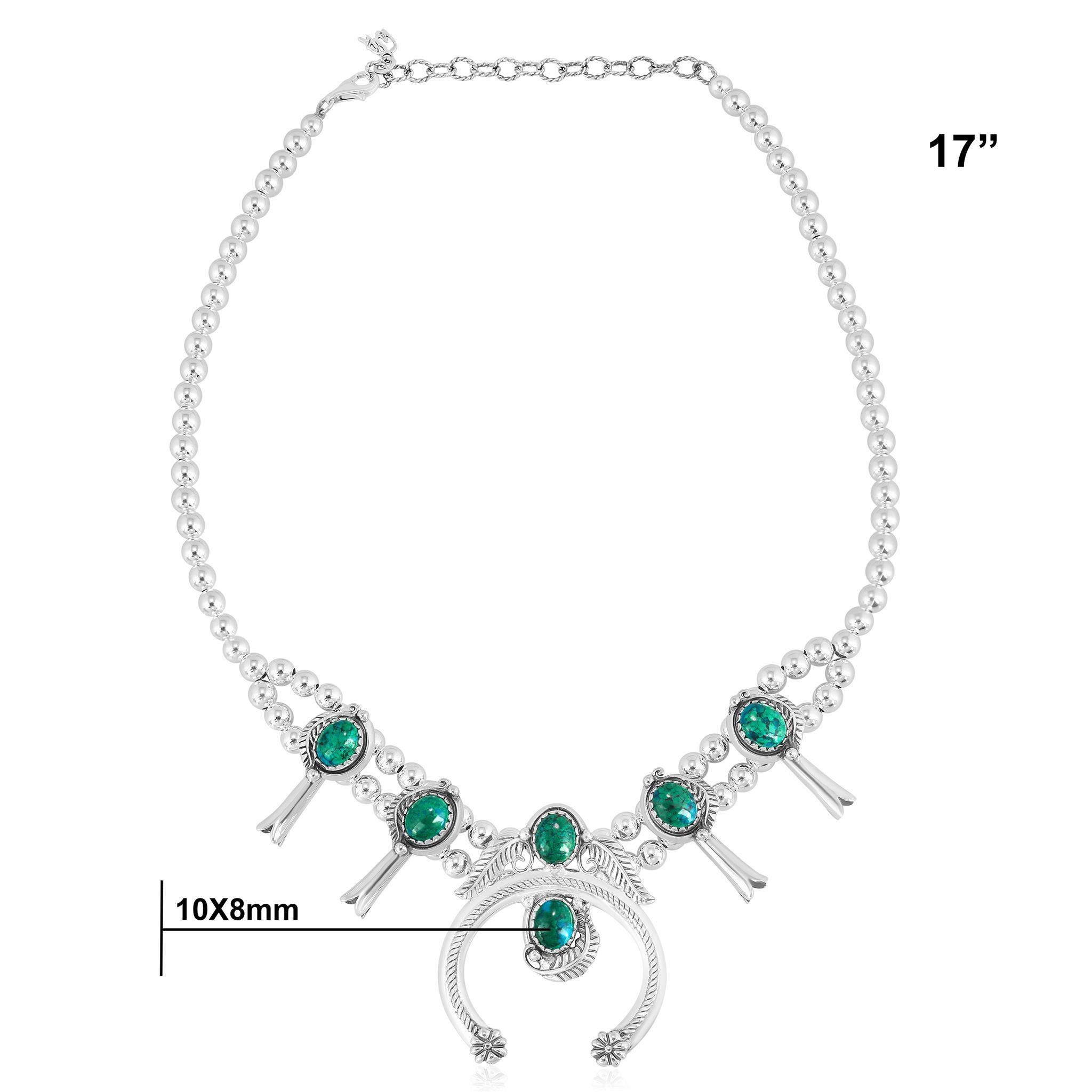 Taille ovale Collier en argent sterling American West Chrysocolla Squash Blossom en vente