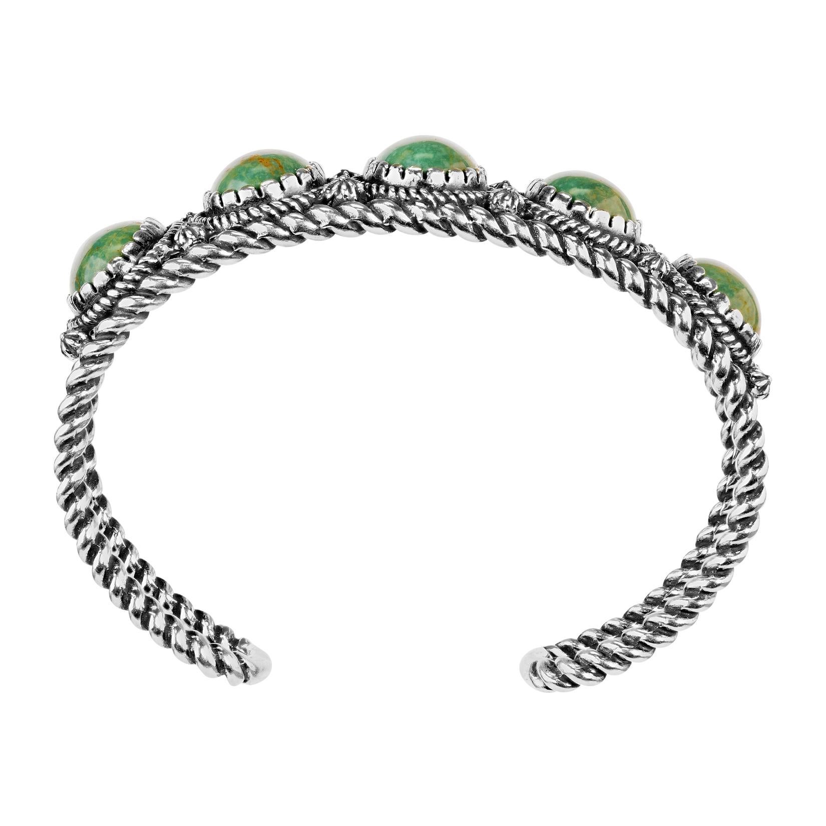 Taglio ovale Bracciale American West in argento Sterling con 5 pietre di turchese verde Taglia S, M, L. in vendita