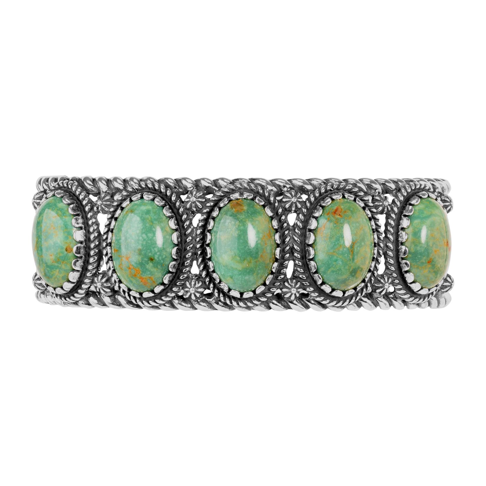 Bracciale American West in argento Sterling con 5 pietre di turchese verde Taglia S, M, L. In condizioni Nuovo in vendita a New York, NY