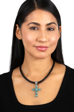 American West Sterling Silver Green Turquoise Cross Design Pendant Enhancer