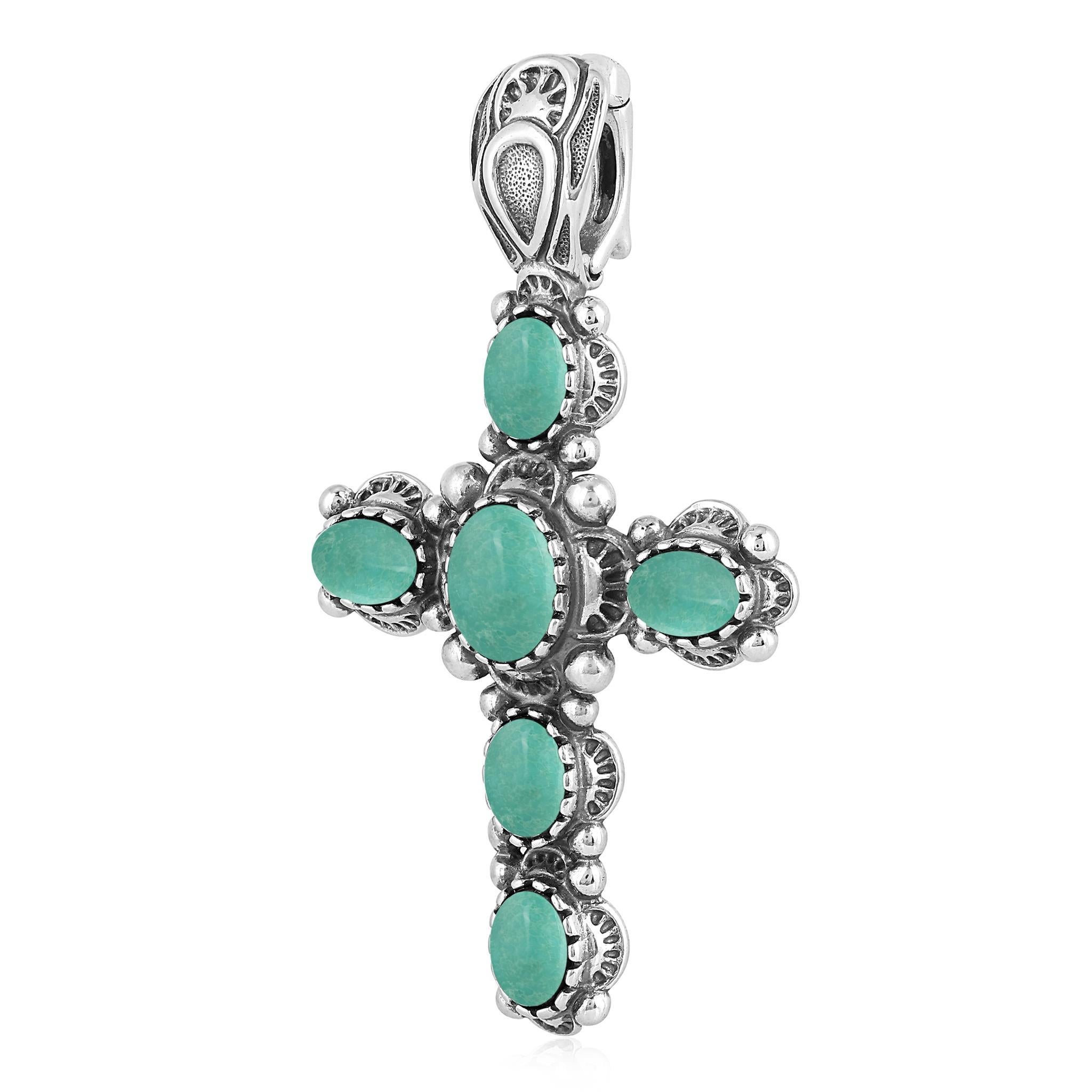 Ciondolo con croce di turchese verde in argento Sterling dell'Ovest Americano, per arricchire il ciondolo in vendita 1