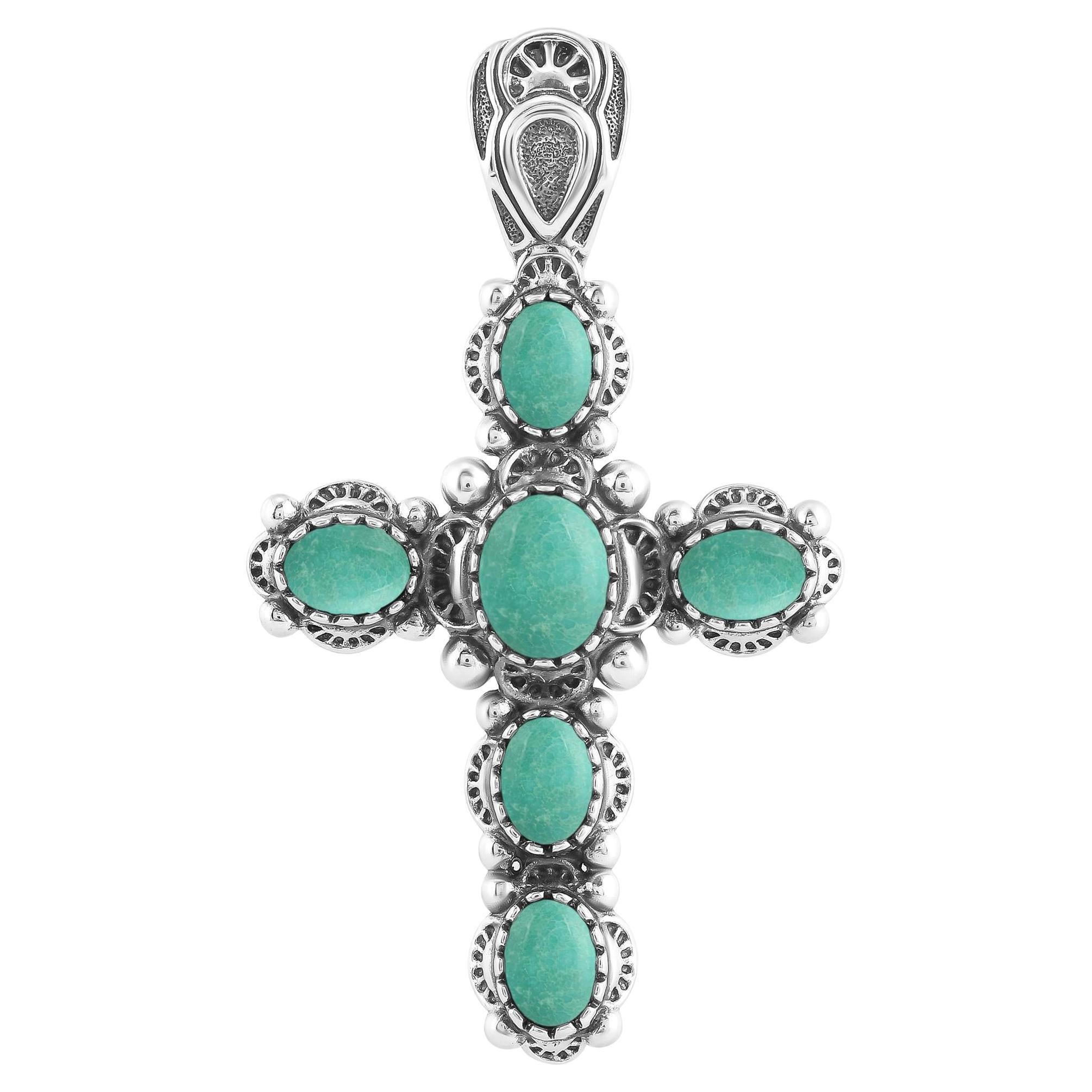 Ciondolo con croce di turchese verde in argento Sterling dell'Ovest Americano, per arricchire il ciondolo in vendita