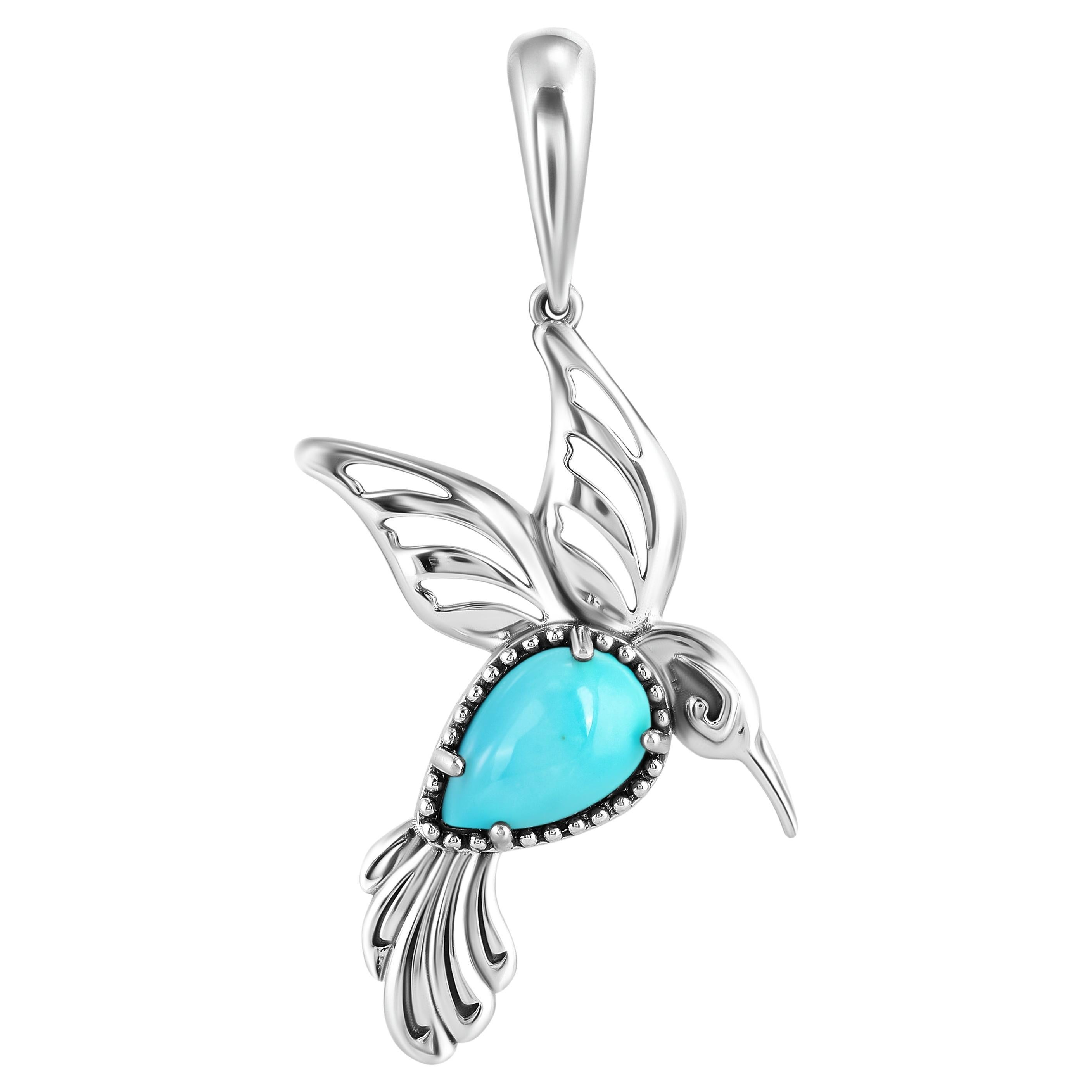 Ciondolo con colibrì in turchese Kingman in argento sterling dell'Ovest Americano in vendita