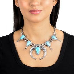 American West Sterling Silver Kingman Turquoise Squash Blossom Naja Necklace
