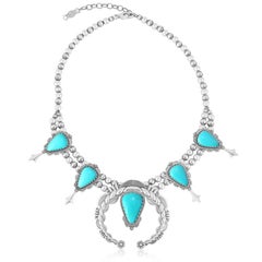 American West Sterling Silver Kingman Turquoise Squash Blossom Naja Necklace