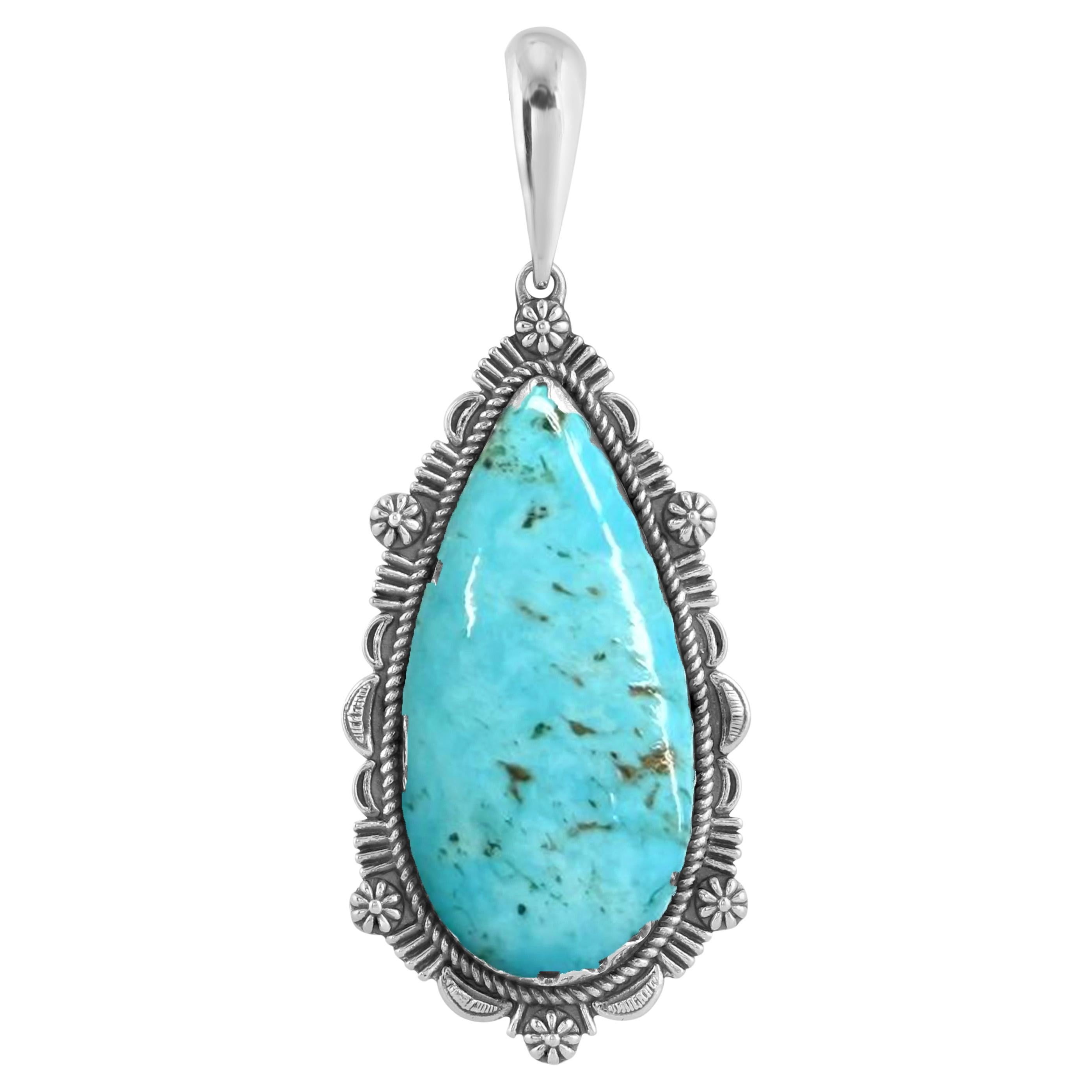 American West Sterling Silver Kingman Turquoise Teardrop Pendant Enhancer For Sale