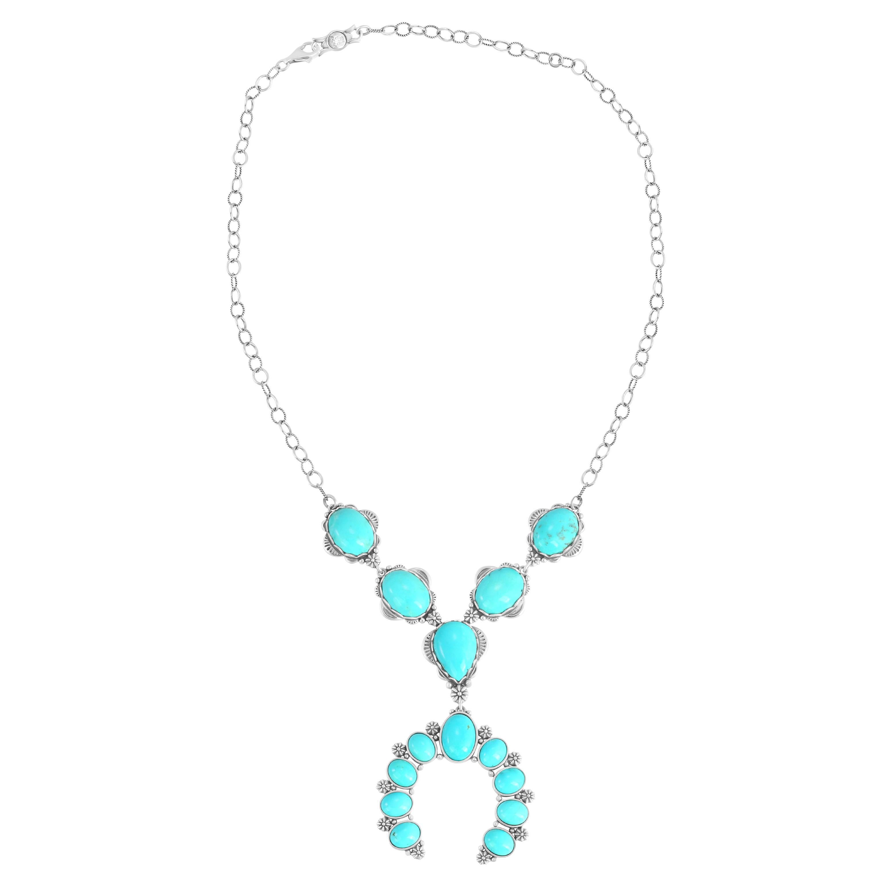 American West Sterling Silver Kingman Turquoise V-Shaped Naja Necklace For Sale