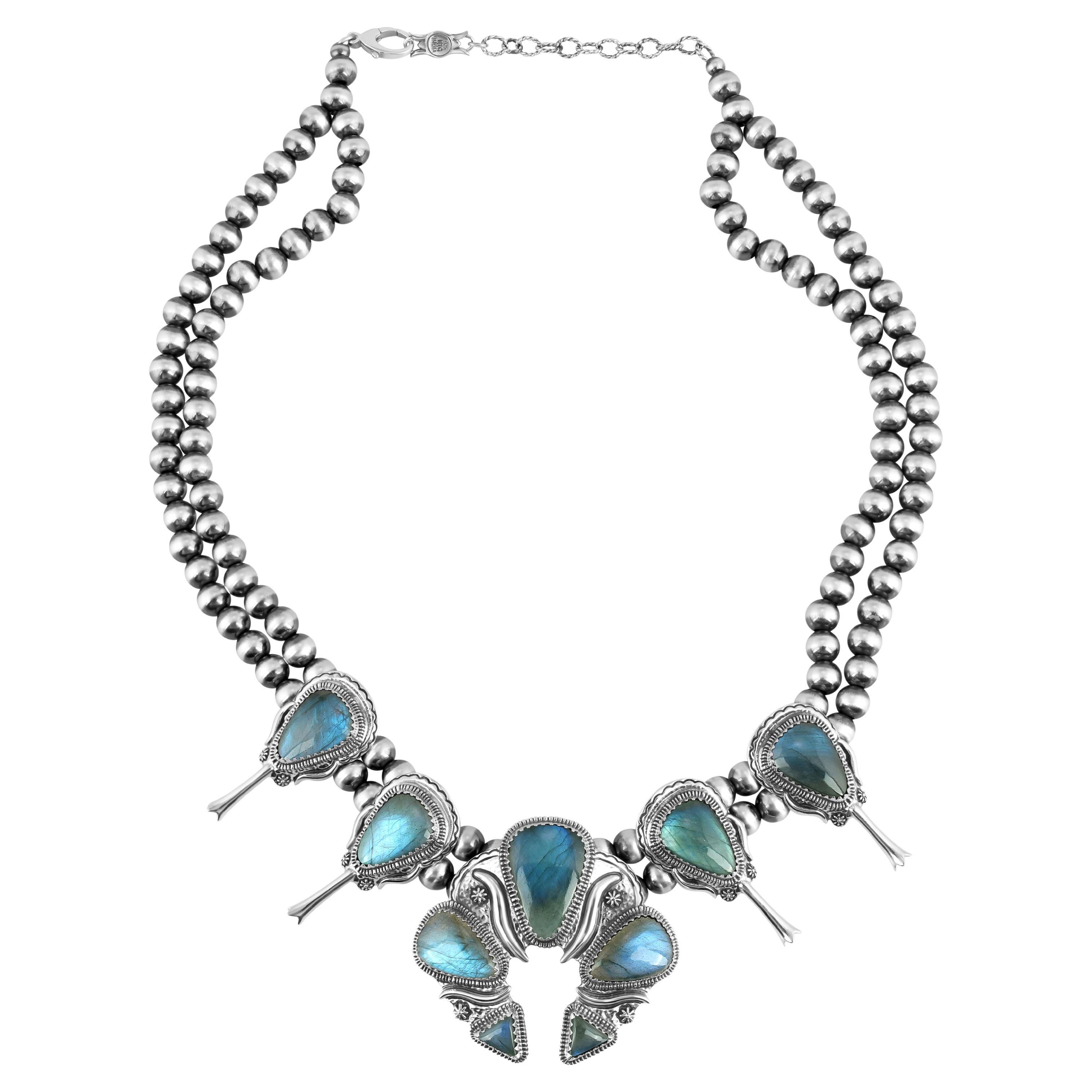 American West Sterling Silver Labradorite Naja Squash Blossom Necklace
