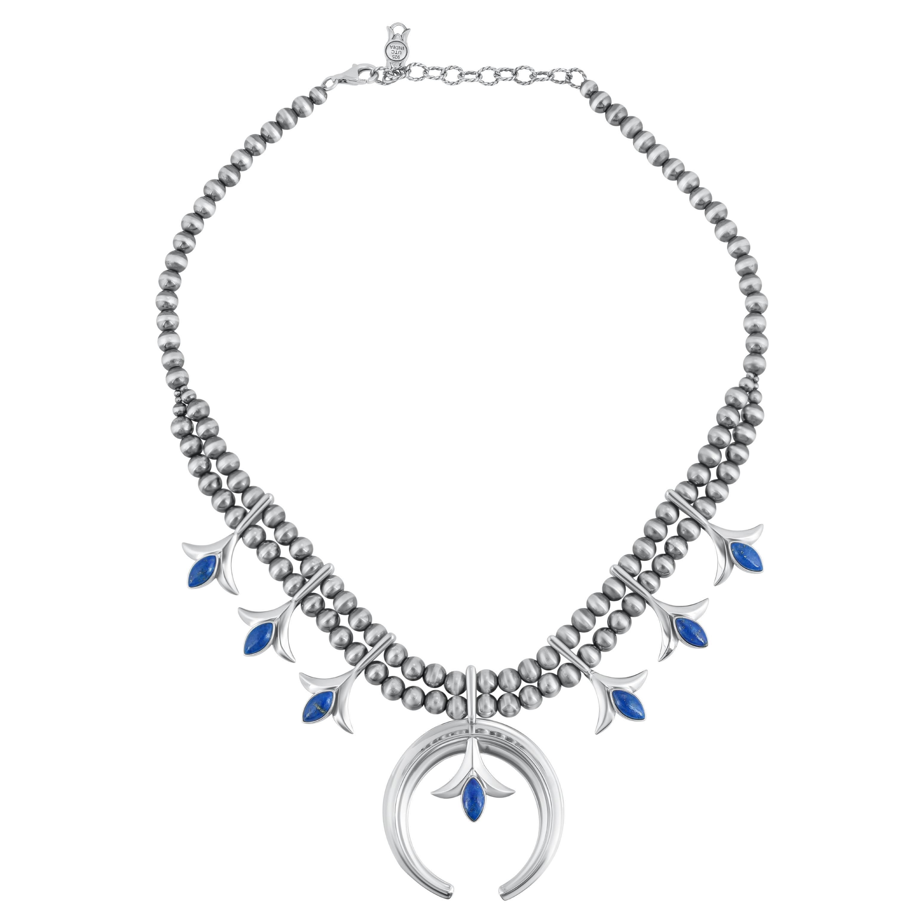 American West Sterling Silver Lapis Lazuli Gemstone Squash Blossom Necklace For Sale