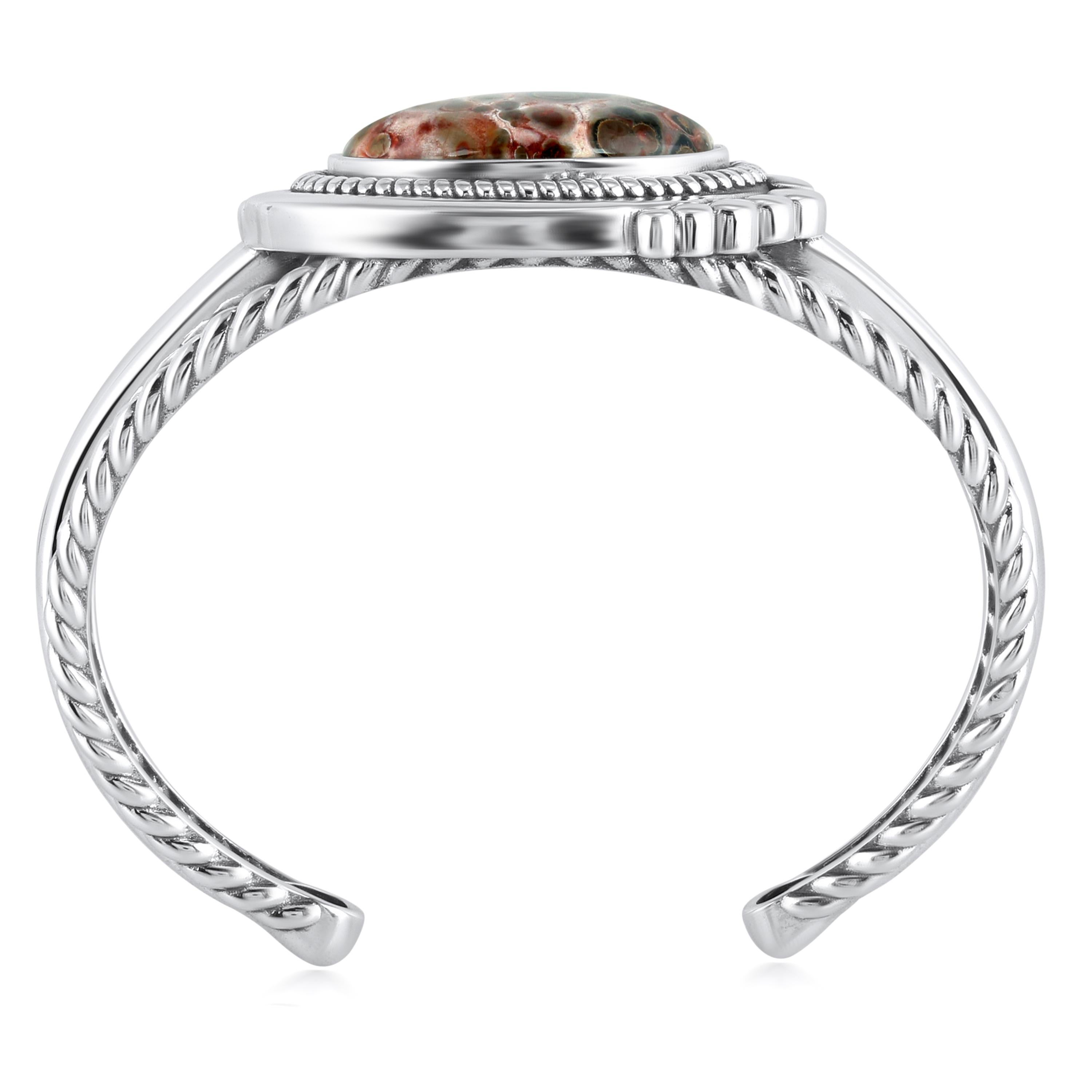 Amérindien Bracelet manchette en argent sterling avec corde ovale en jaspe léopard en vente