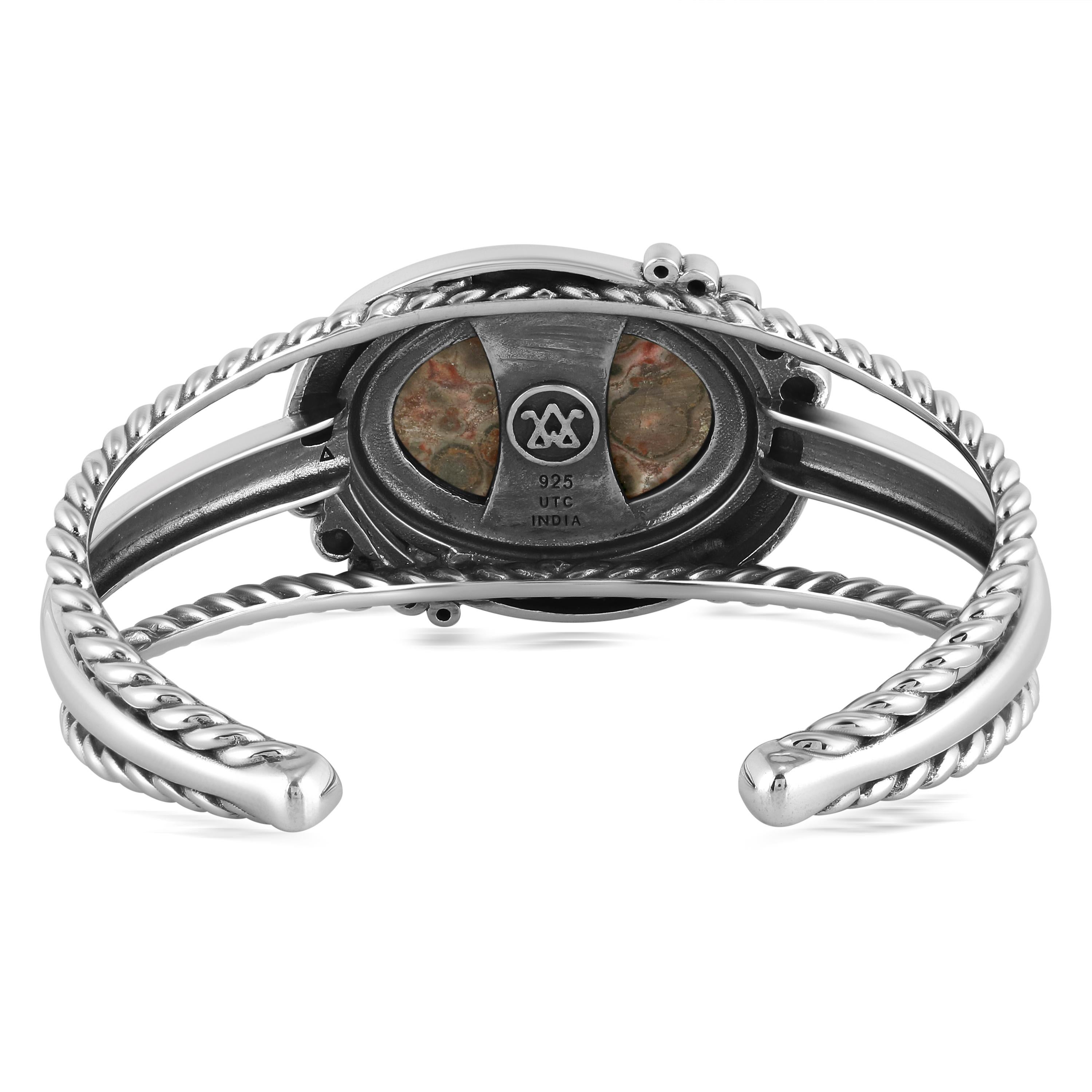 Taille ovale Bracelet manchette en argent sterling avec corde ovale en jaspe léopard en vente