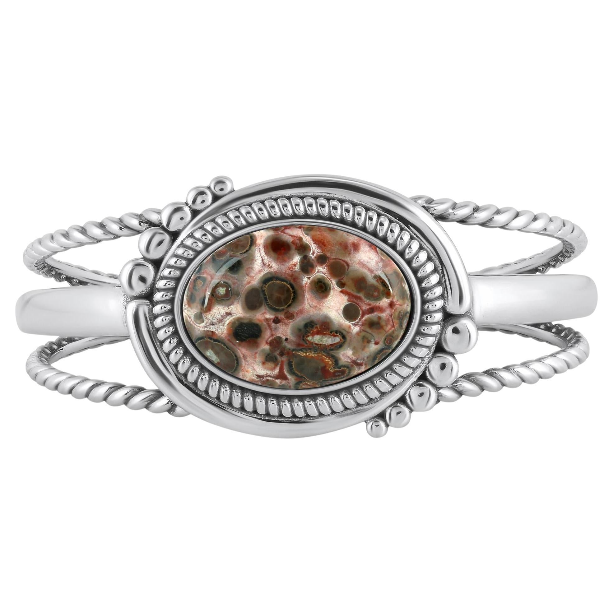 Bracciale in argento sterling American West con diaspro leopardato e corda ovale in grassetto