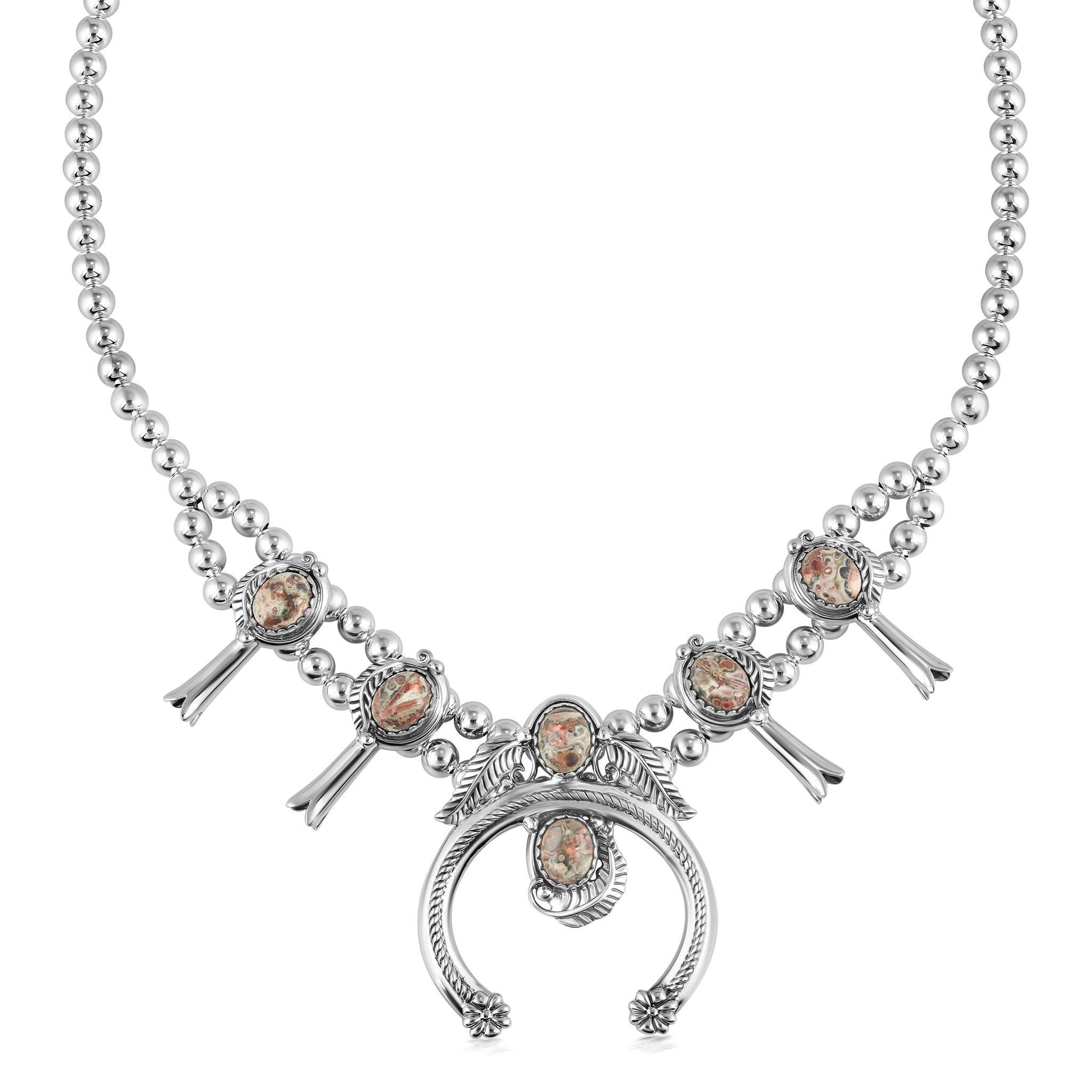 Amérindien Collier de fleurs de courge en jaspe léopard en argent sterling d'American West en vente