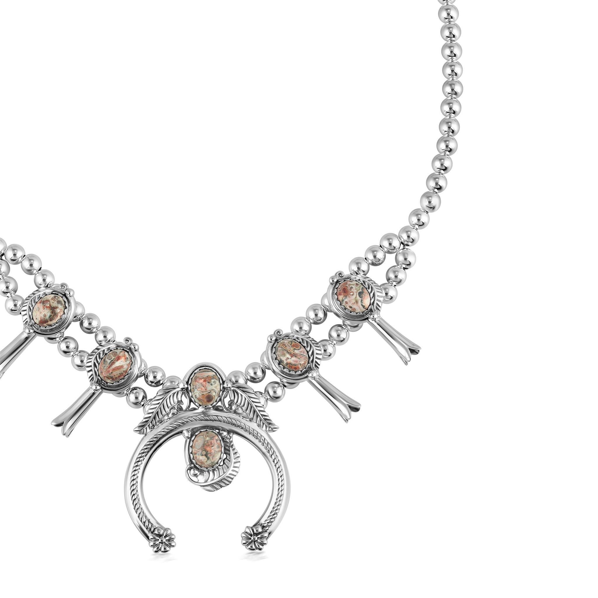 Collier de fleurs de courge en jaspe léopard en argent sterling d'American West Neuf - En vente à New York, NY
