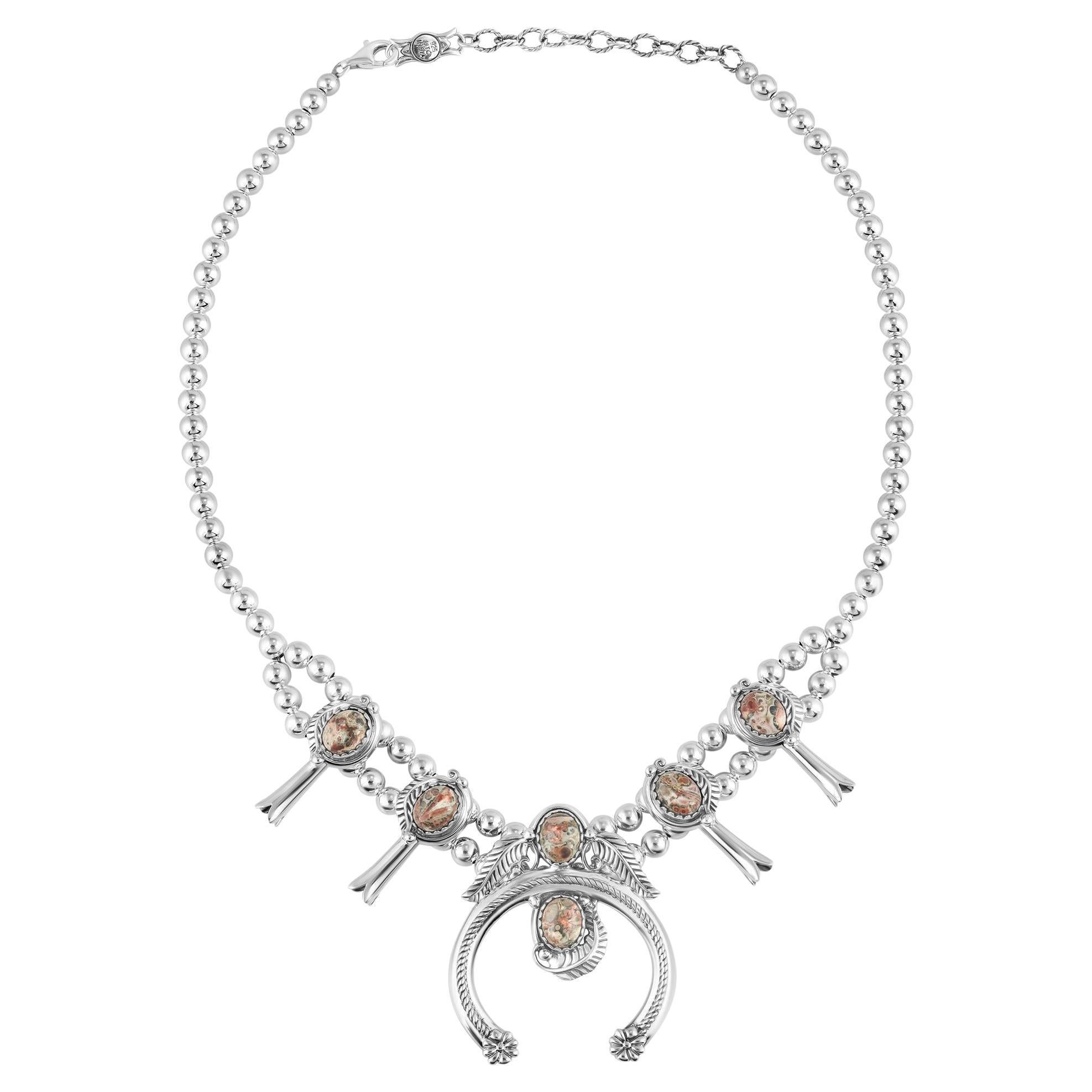 Collier de fleurs de courge en jaspe léopard en argent sterling d'American West