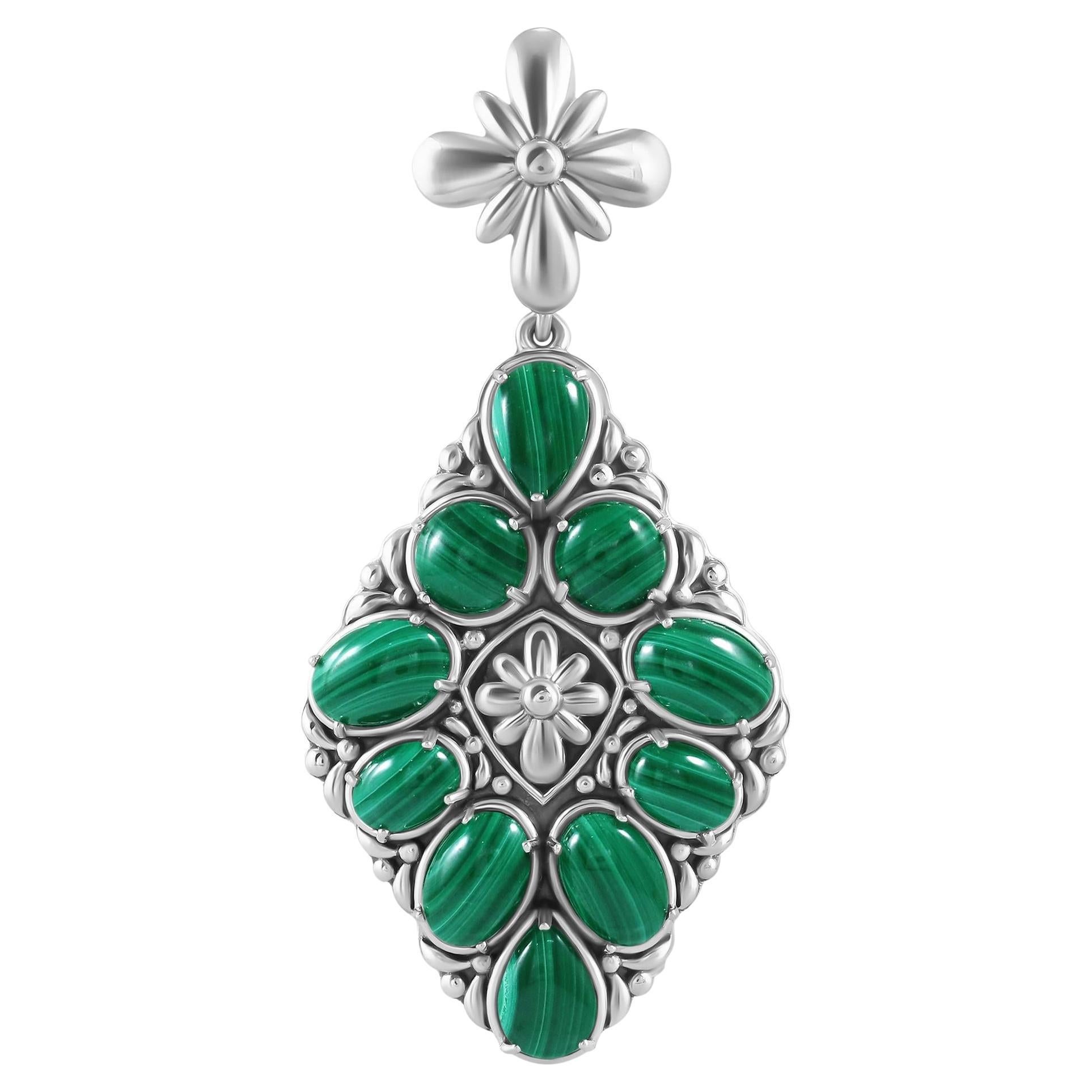 Pendentif en malachite en forme de diamant A Silver Sterling