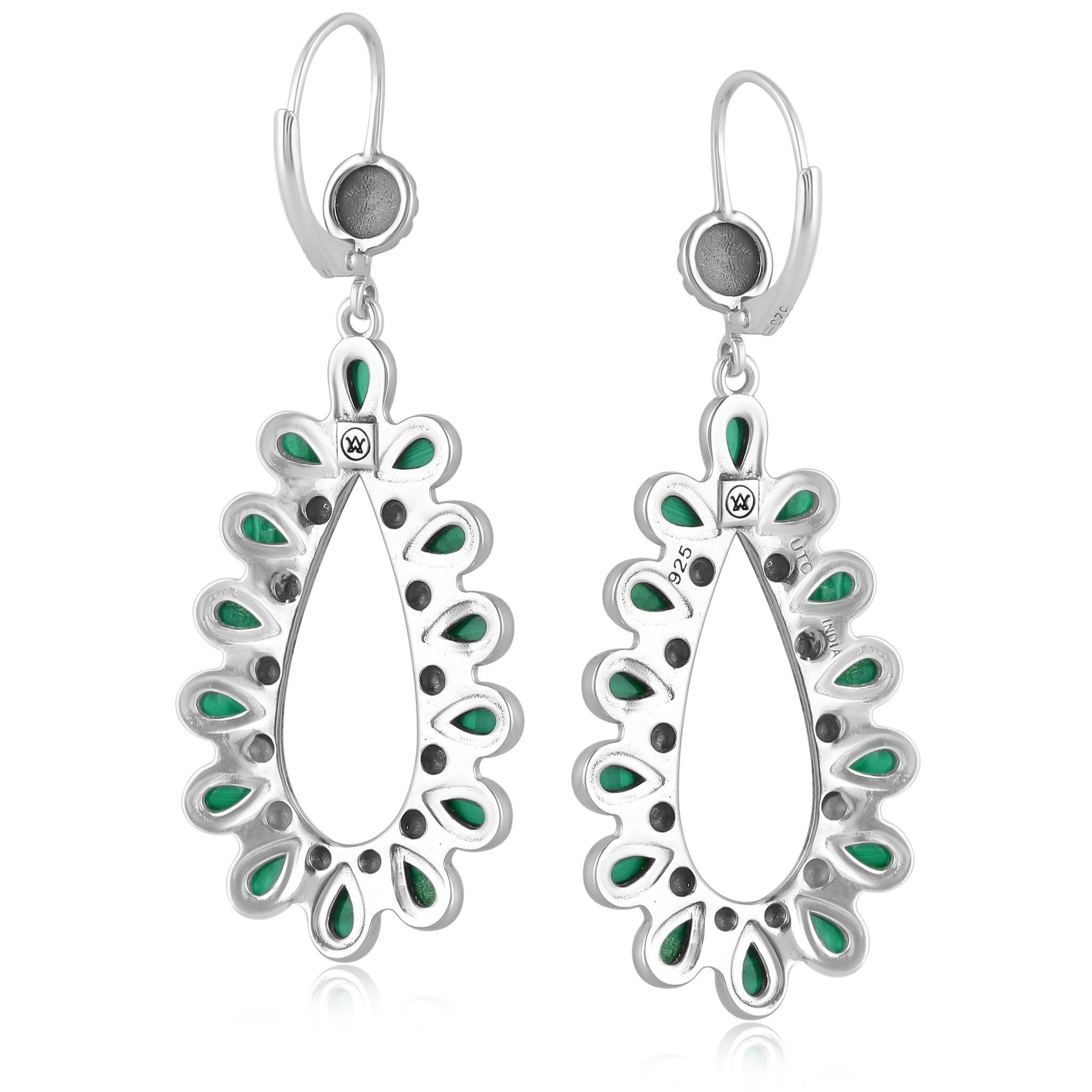 Taglio a goccia Orecchini a goccia aperti in argento Sterling American West con malachite in vendita