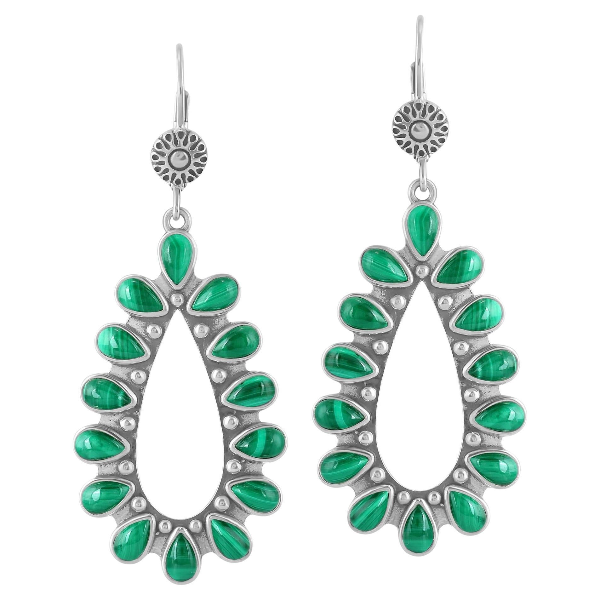 Orecchini a goccia aperti in argento Sterling American West con malachite in vendita