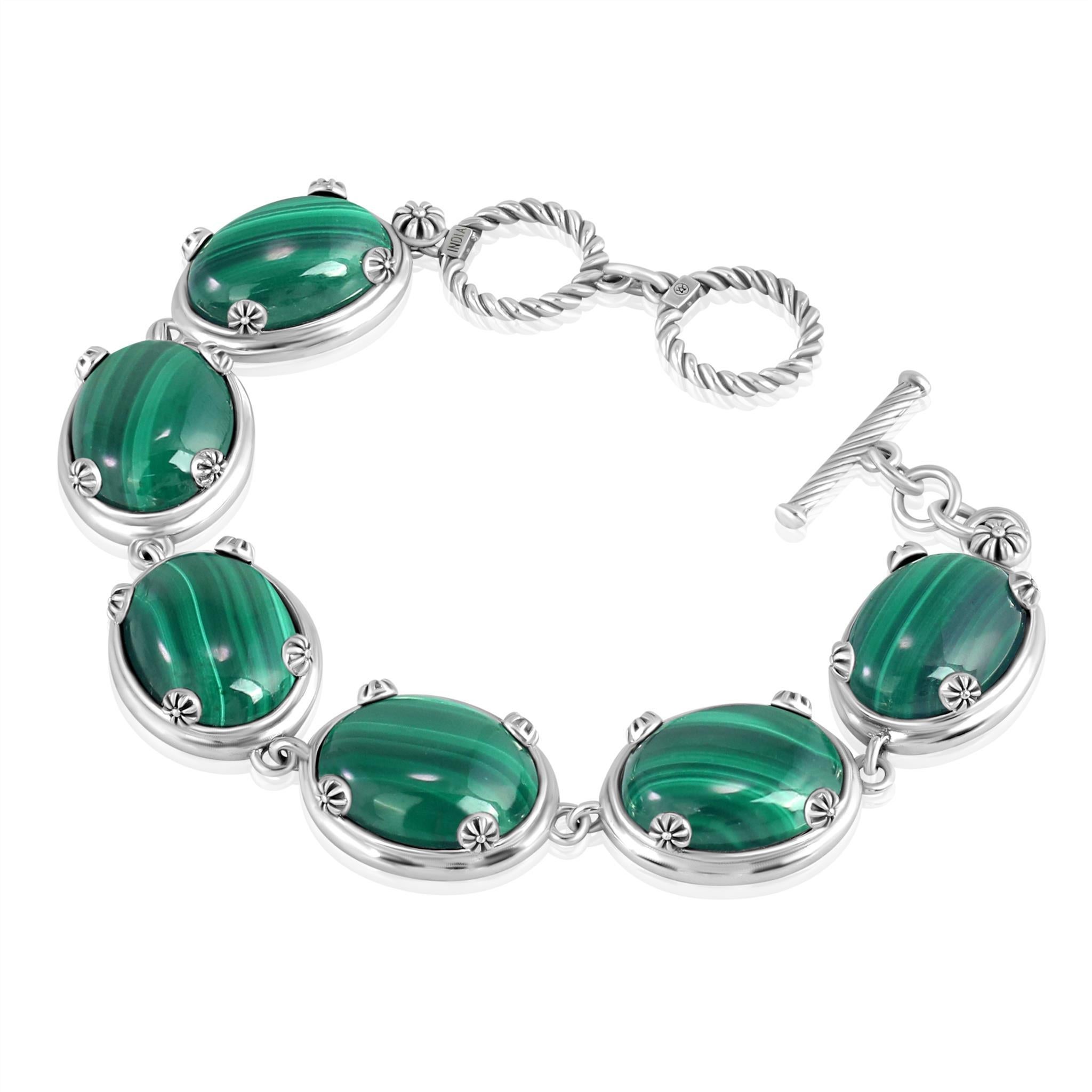 Bracelet à bascule en argent sterling avec cabochon ovale en malachite Pour femmes en vente