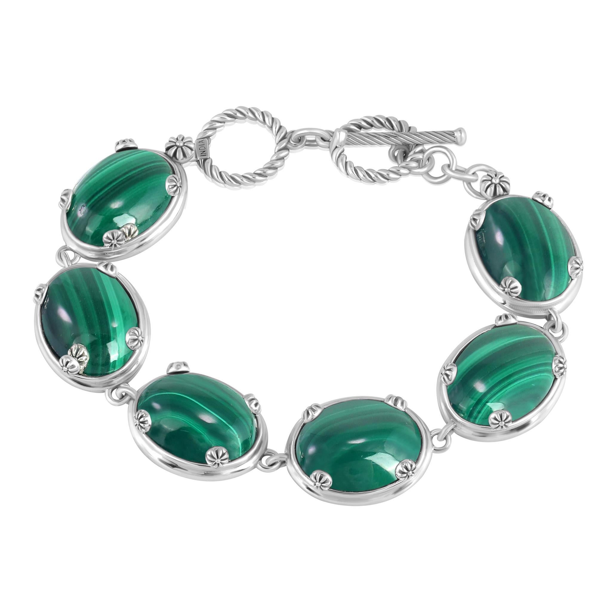 Bracelet à bascule en argent sterling avec cabochon ovale en malachite en vente