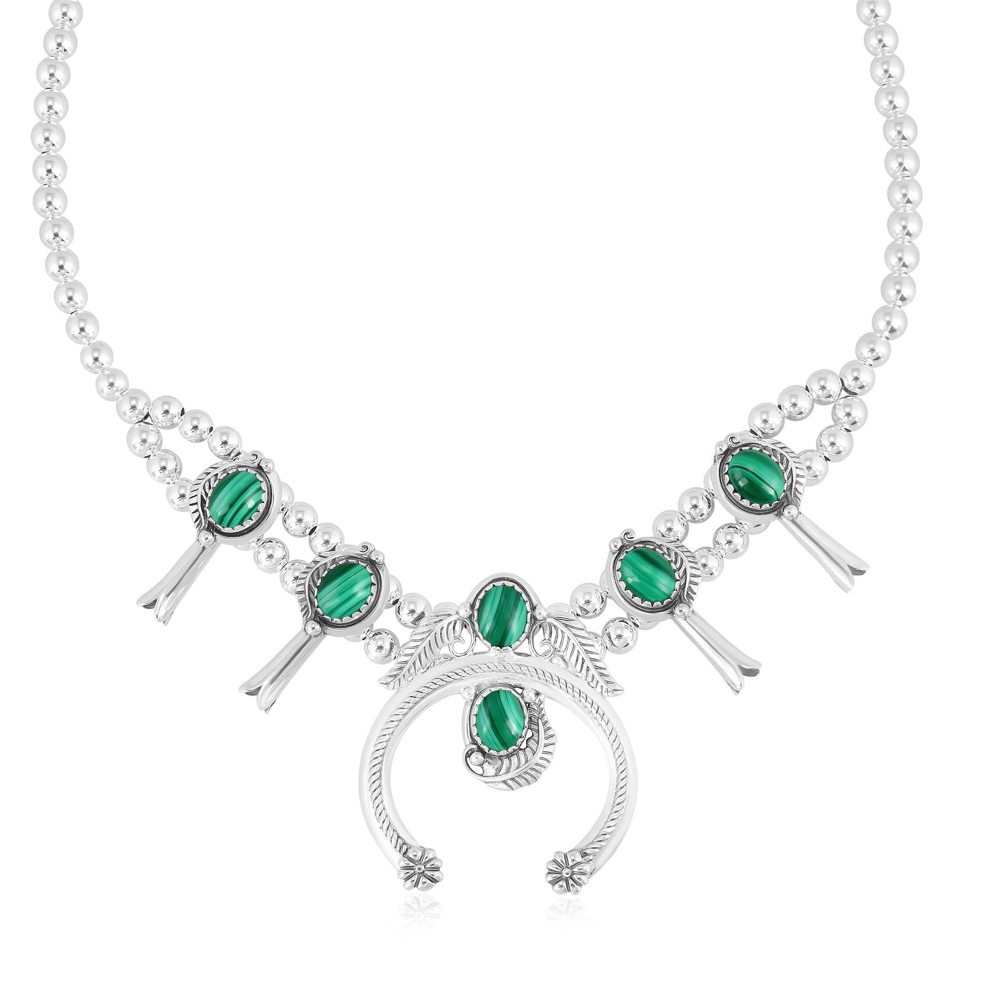 Nativo americano Collana American West con fiori di zucca in malachite in argento sterling in vendita