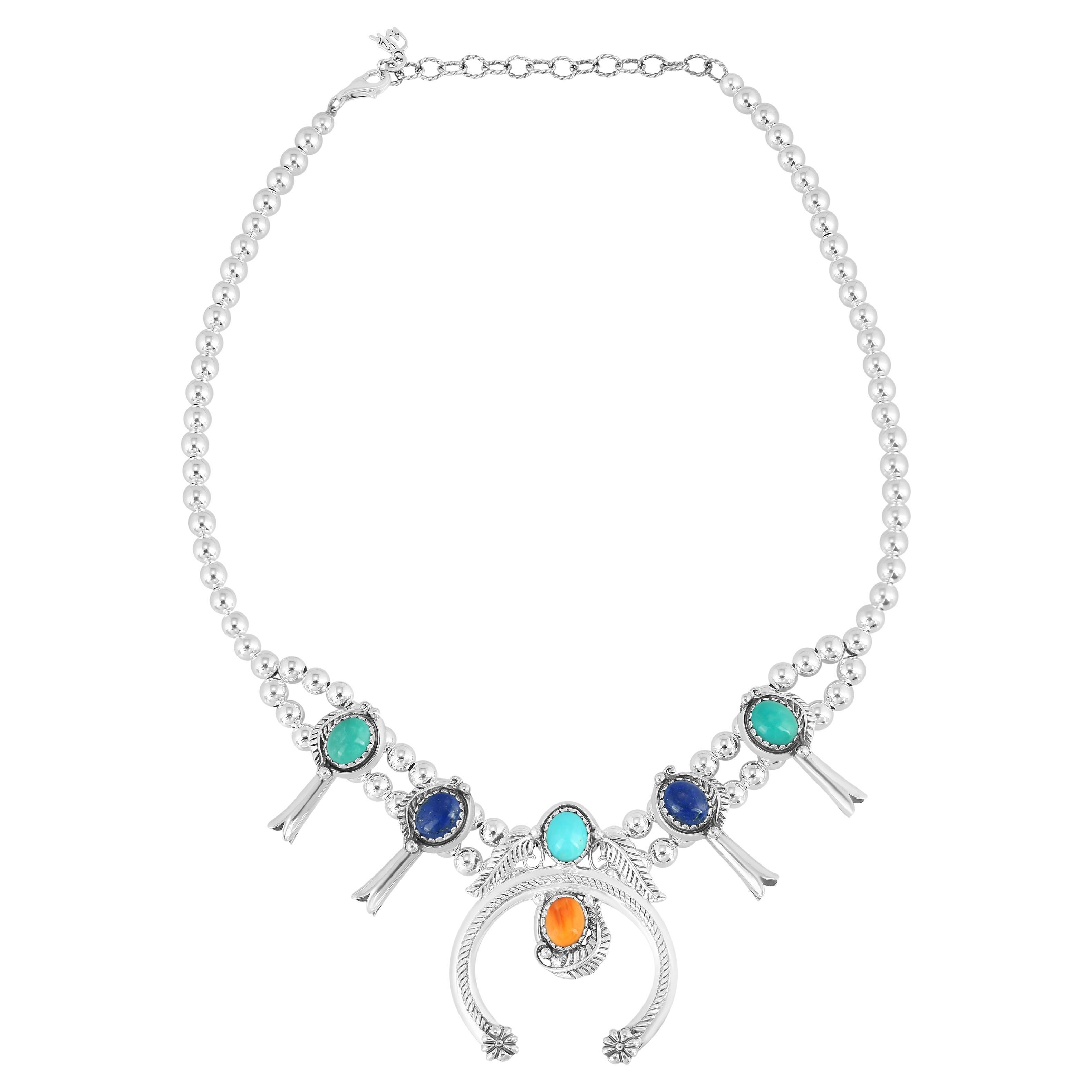 American West Sterling Silver Multi-Color Gemstone Squash Blossom Necklace For Sale