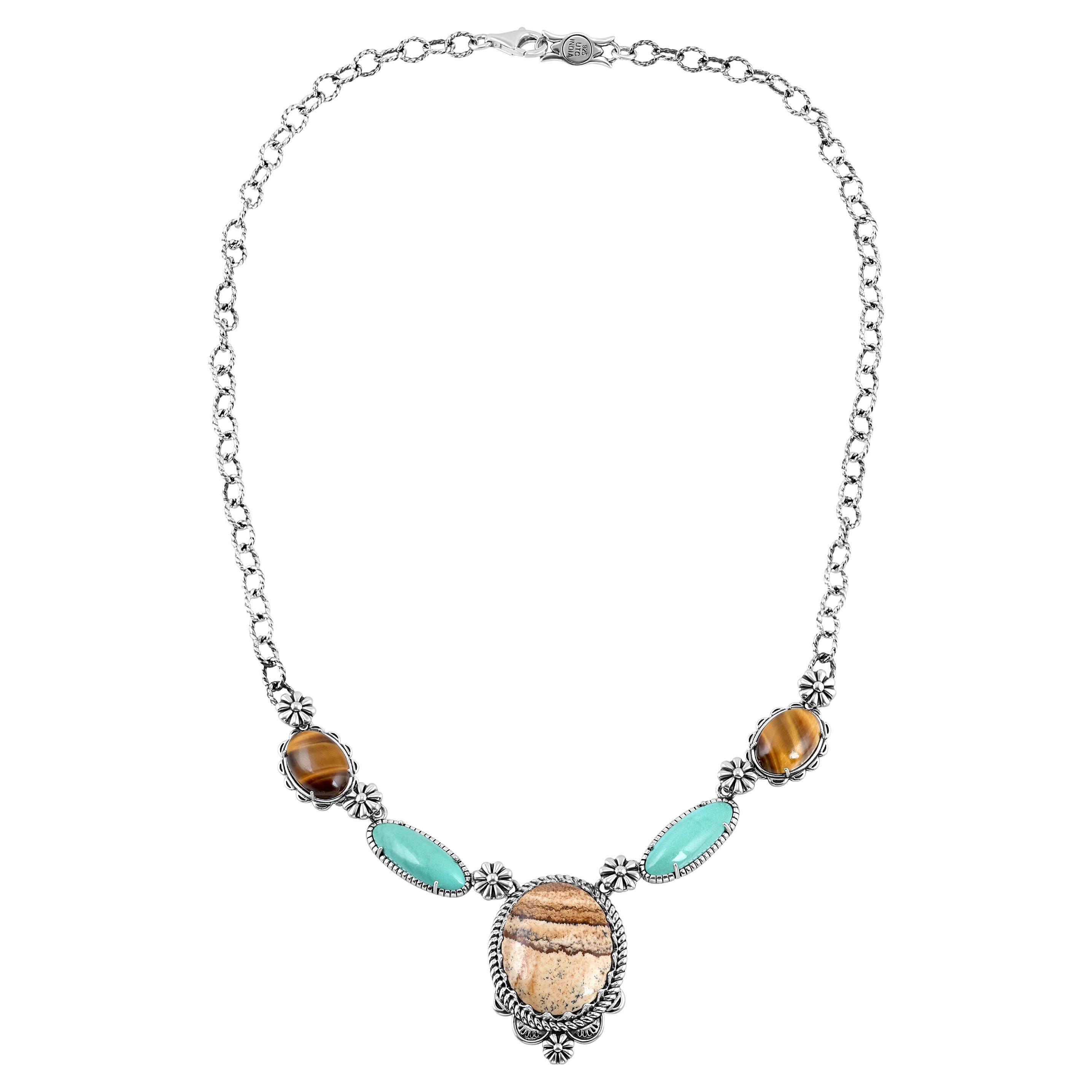 American West Sterling Silver Multistone Concha Station NEcklace