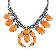 American West Sterling Silver Orange Spiny Naja Blossom Statement Necklace
