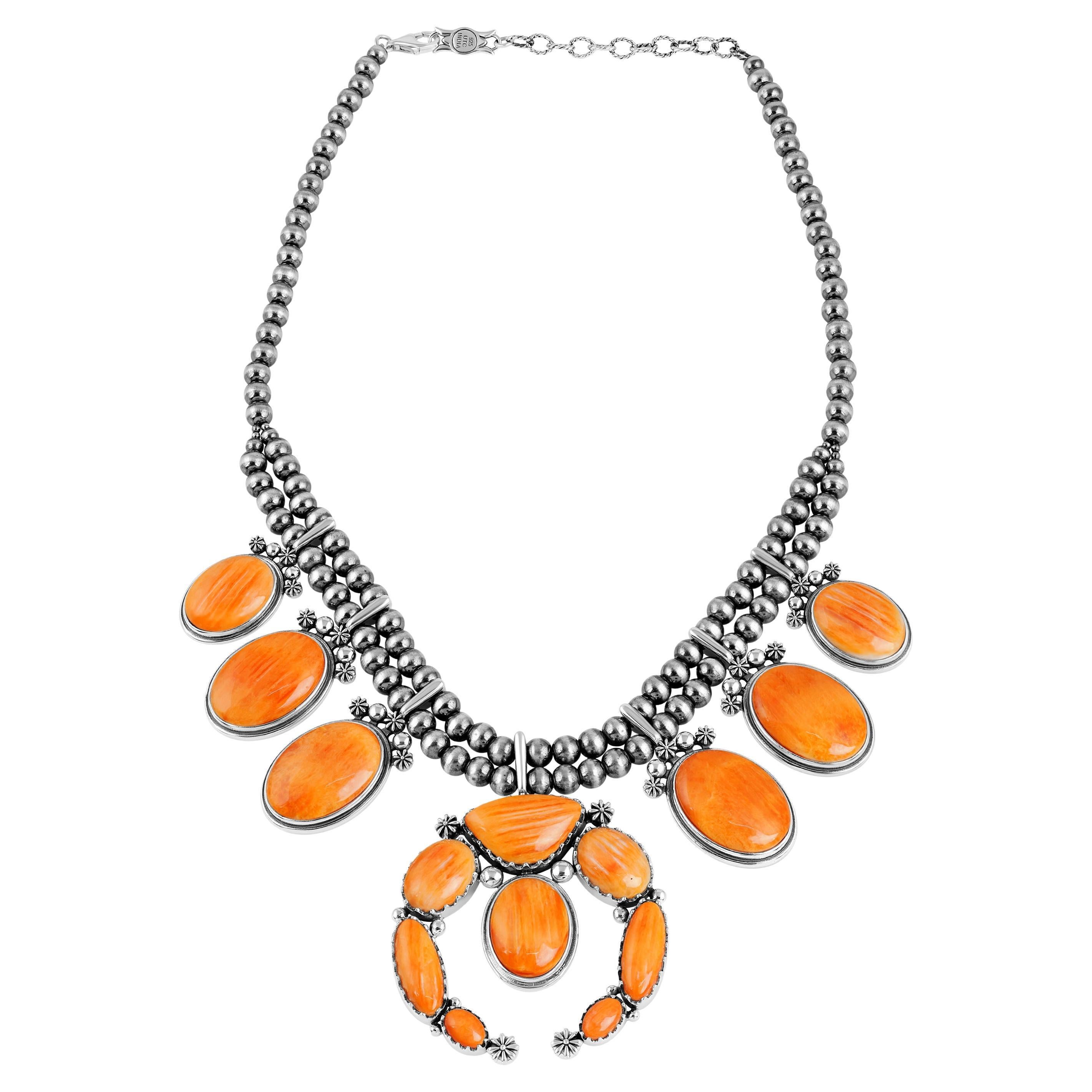 American West Sterling Silver Orange Spiny Naja Blossom Statement Necklace
