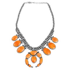 American West Sterling Silver Orange Spiny Naja Blossom Statement Necklace