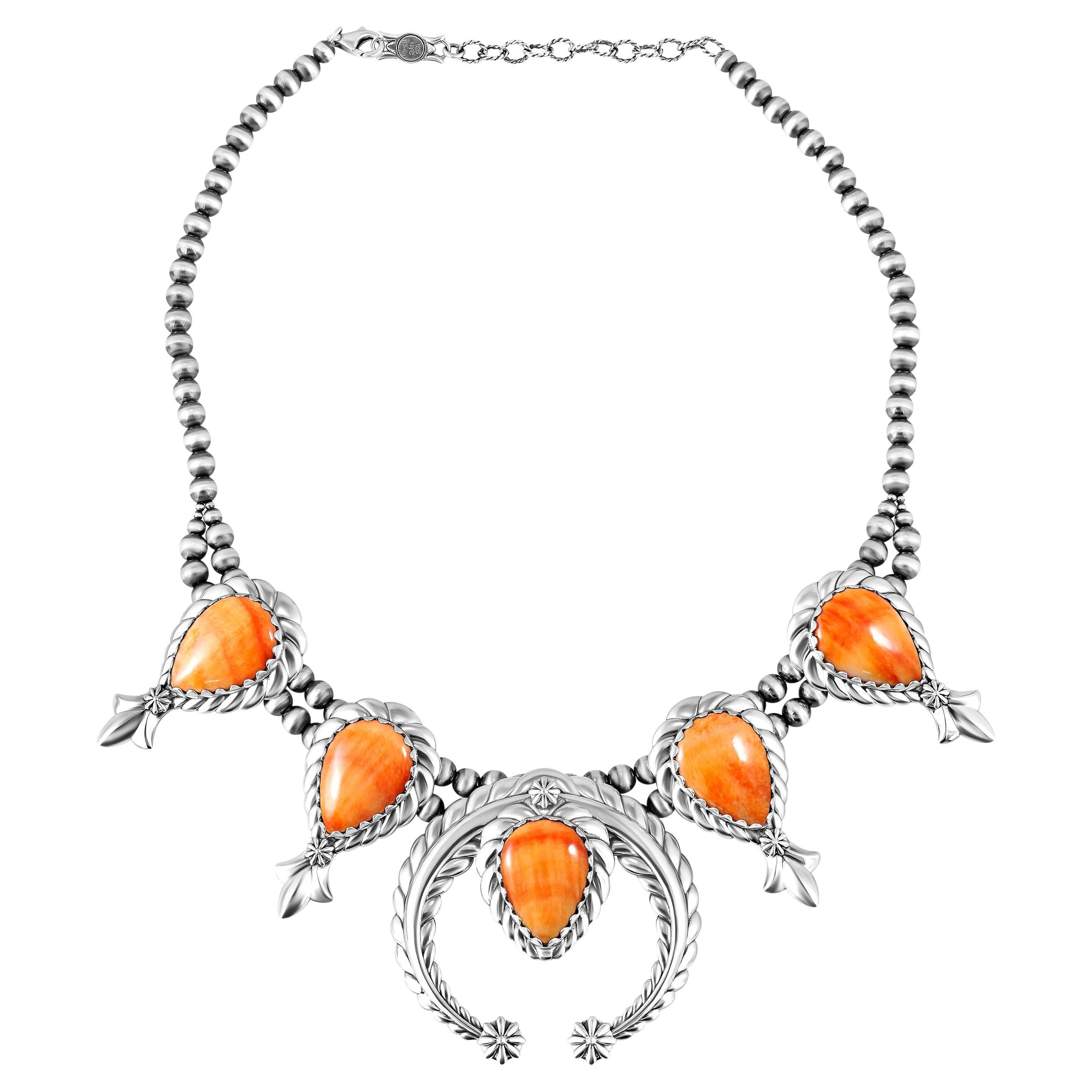 American West Sterling Silver Orange Spiny Oyster Pear-Cut Blossom Necklace