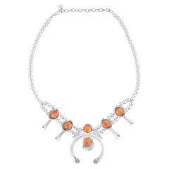 American West Sterling Silver Orange Spiny Oyster Squash Blossom Necklace