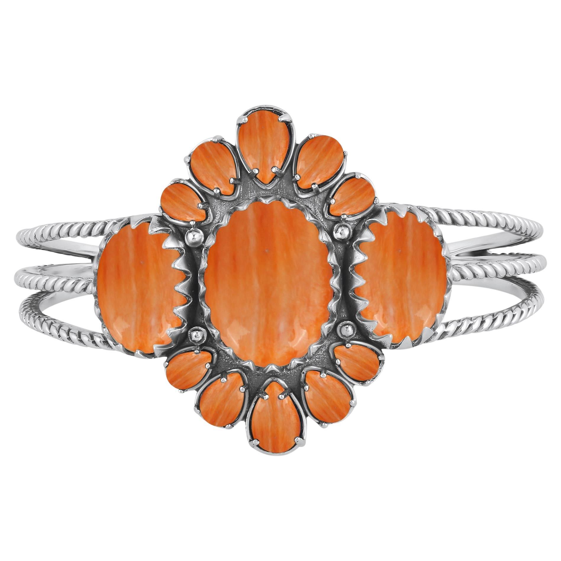 Bracelet manchette en argent sterling avec huître creuse ovale et poire orange
